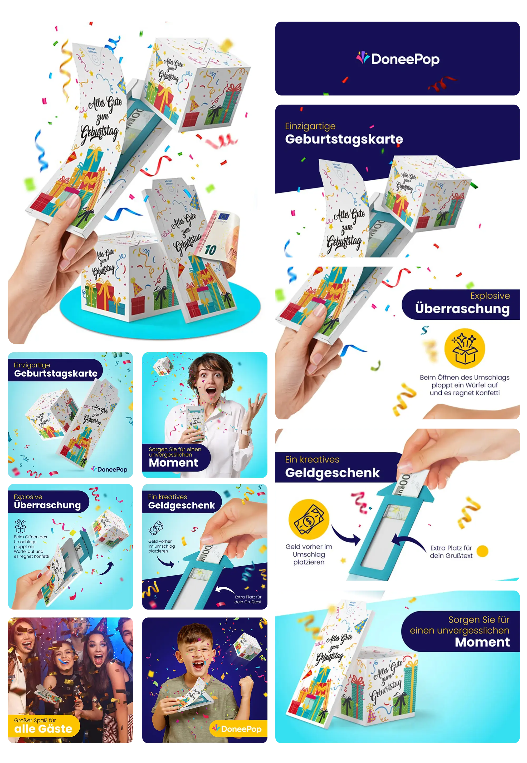 DoneePop Exploding Card, eine einzigartige Geburtstagskarte, die beim Öffnen mit einem Würfel und Konfetti überrascht, ideal als kreatives Geldgeschenk.