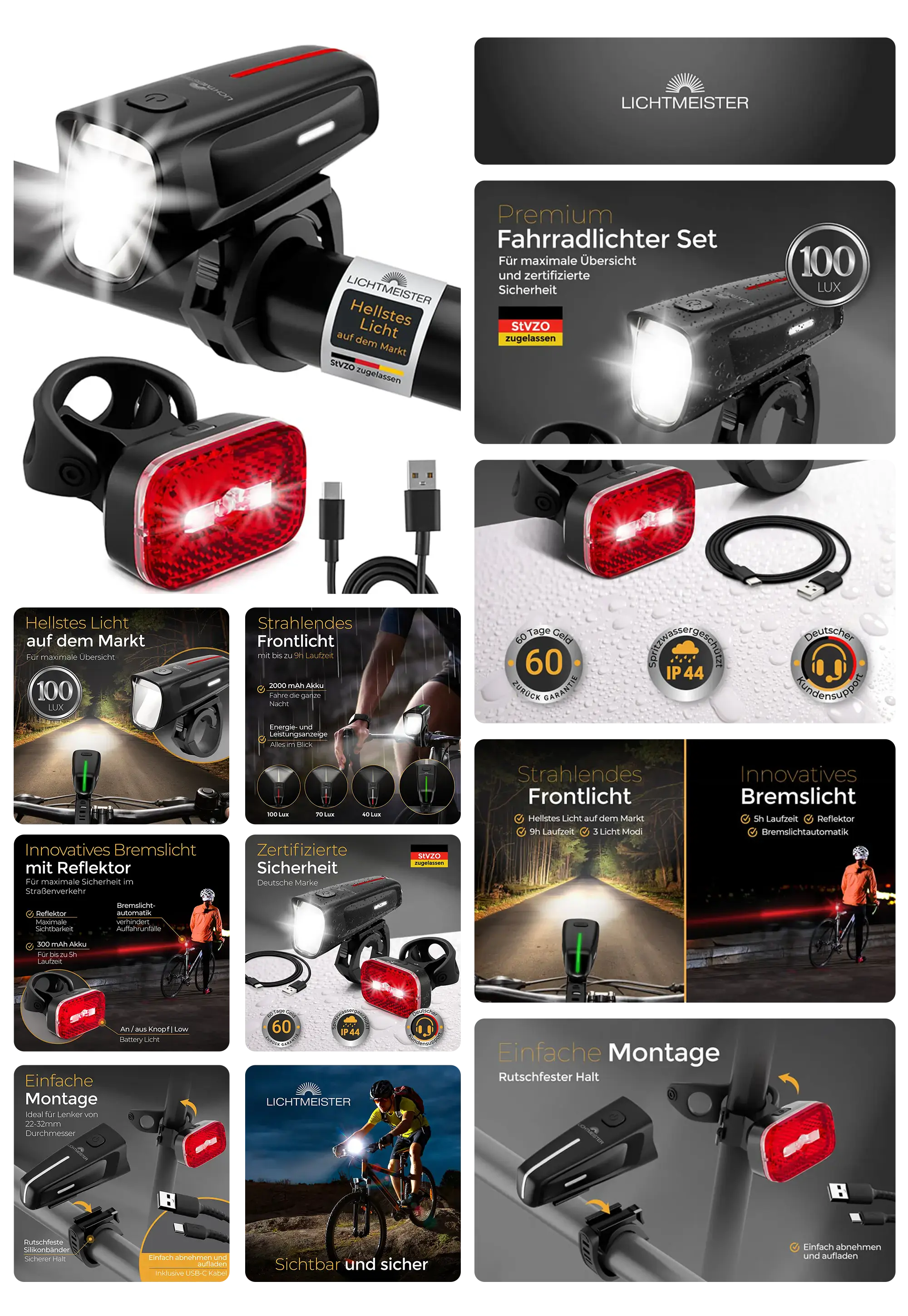 LICHTMEISTER Fahrradlichter Set mit hellem Frontlicht und Rücklicht, wiederaufladbar über USB, für maximale Sicherheit im Straßenverkehr.