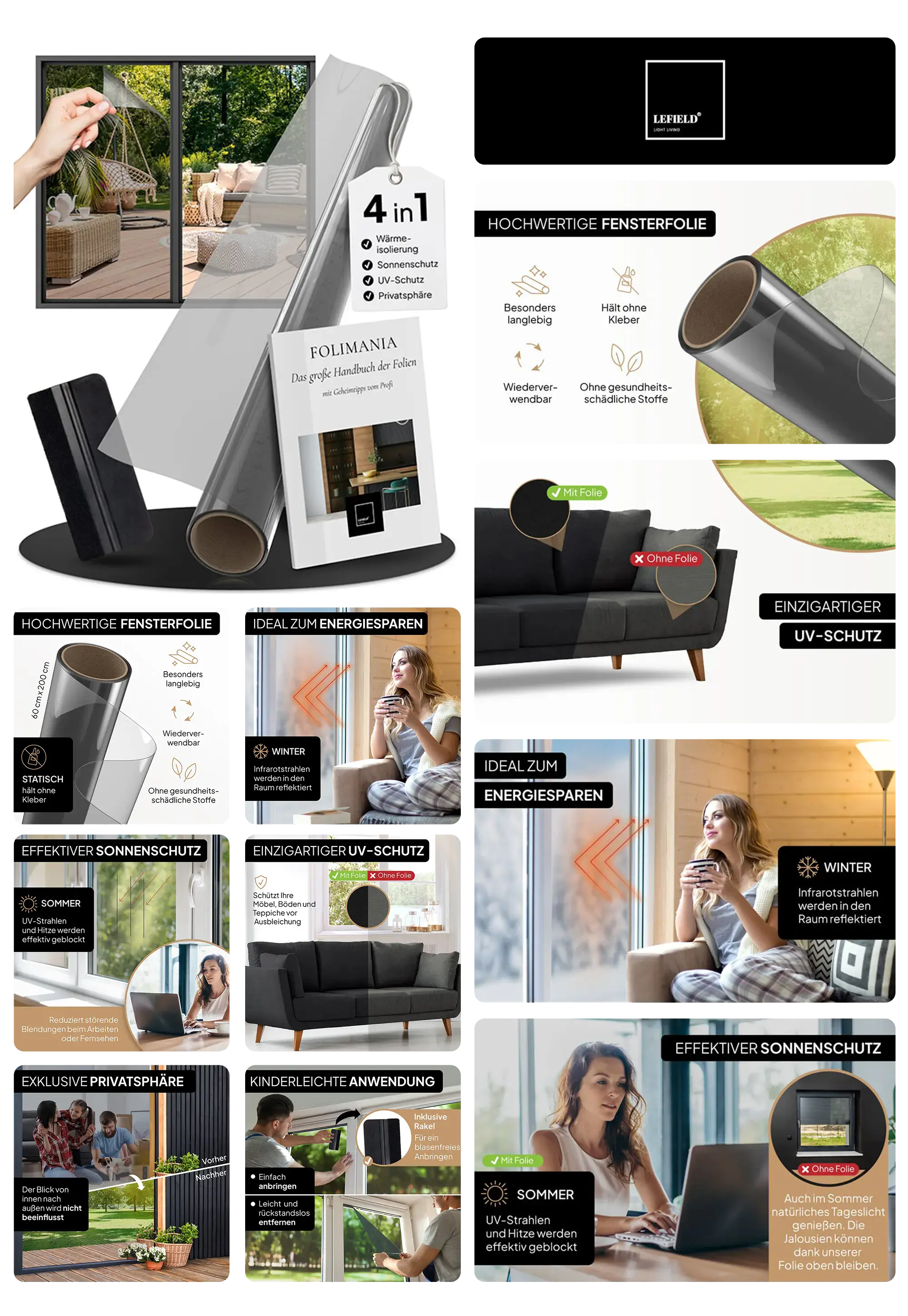 LEFIELD Fensterfolie, 4-in-1, mit Sonnen-, UV- und Hitzeschutz, ideal zum Energiesparen und für mehr Privatsphäre.