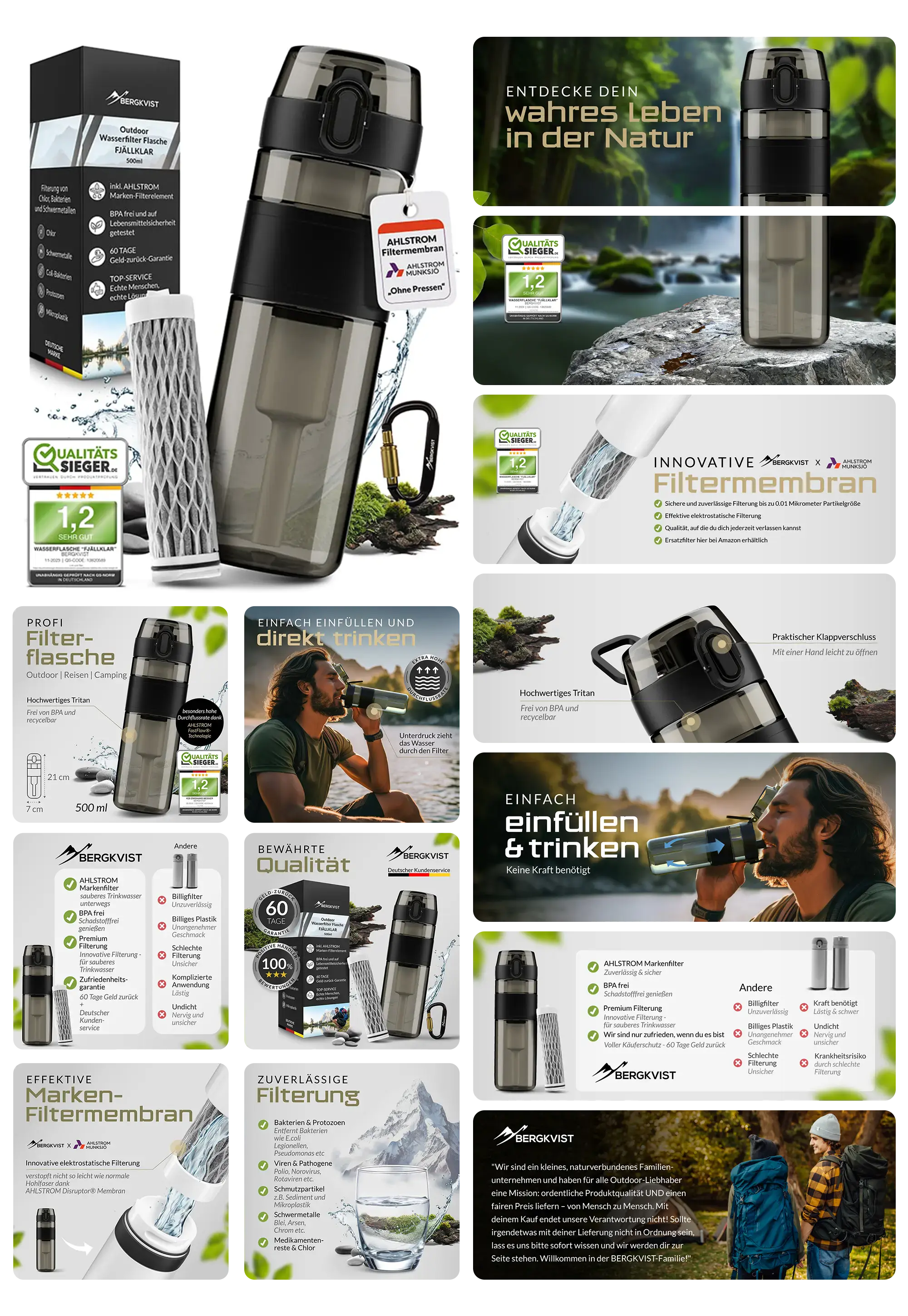 BERGVIST Filterflasche mit innovativer Filtermembran, ideal für Outdoor-Aktivitäten, zum Filtern von Viren, Bakterien und Protozoen aus Wasser.