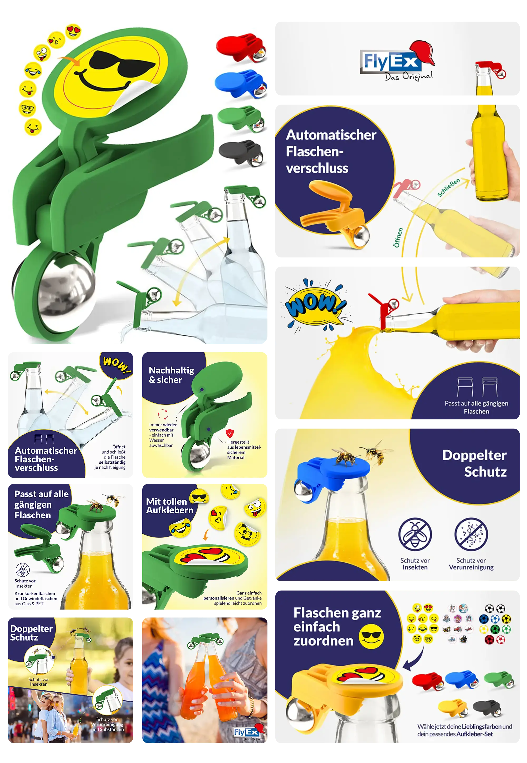 FlyEx Automatischer Flaschenverschluss, Smile-Design mit lustigen Aufklebern.
