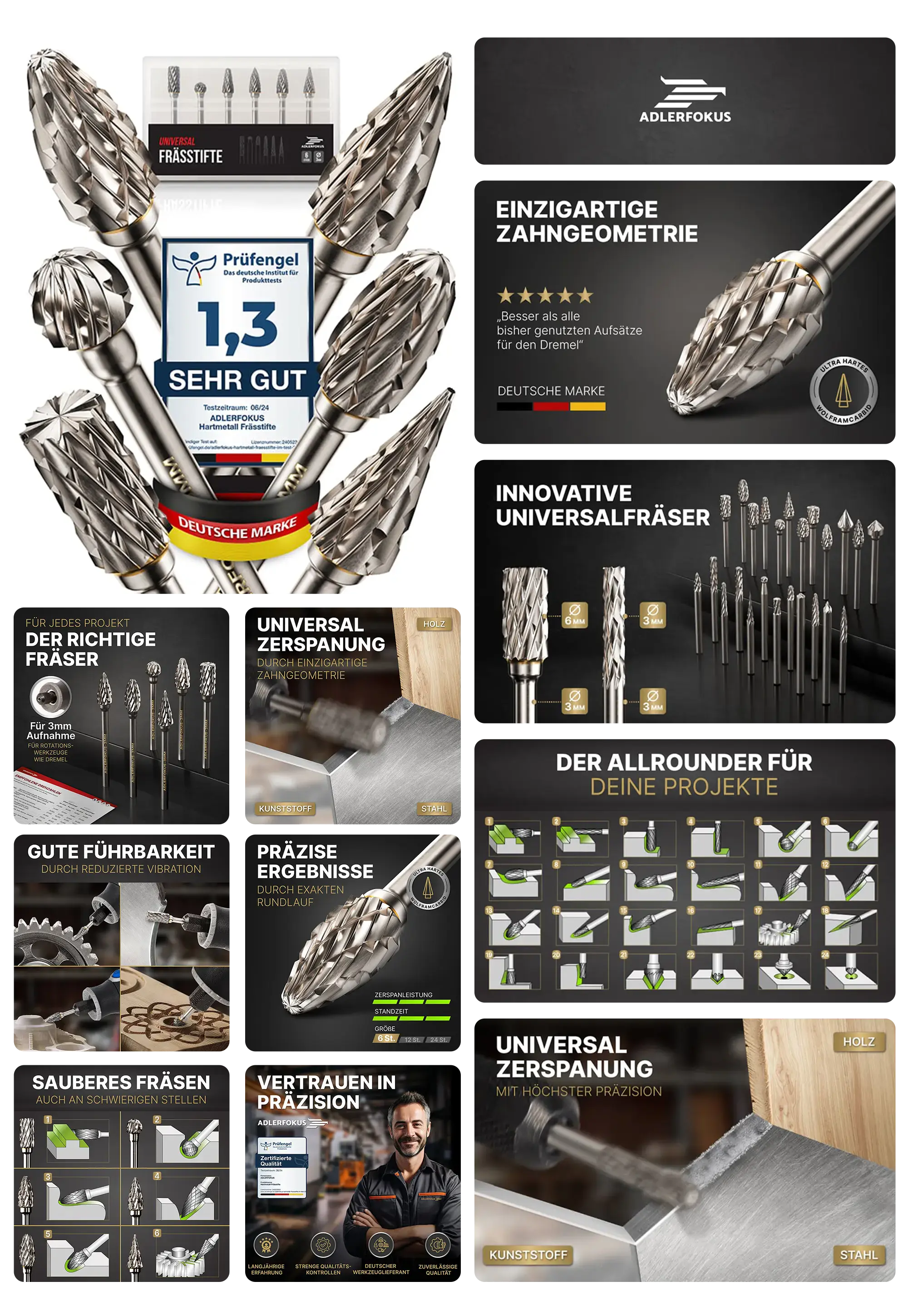 ADLERFOKUS Frässtifte aus Hartmetall, für Holz, Kunststoff und Stahl, mit einzigartiger Zahngeometrie.