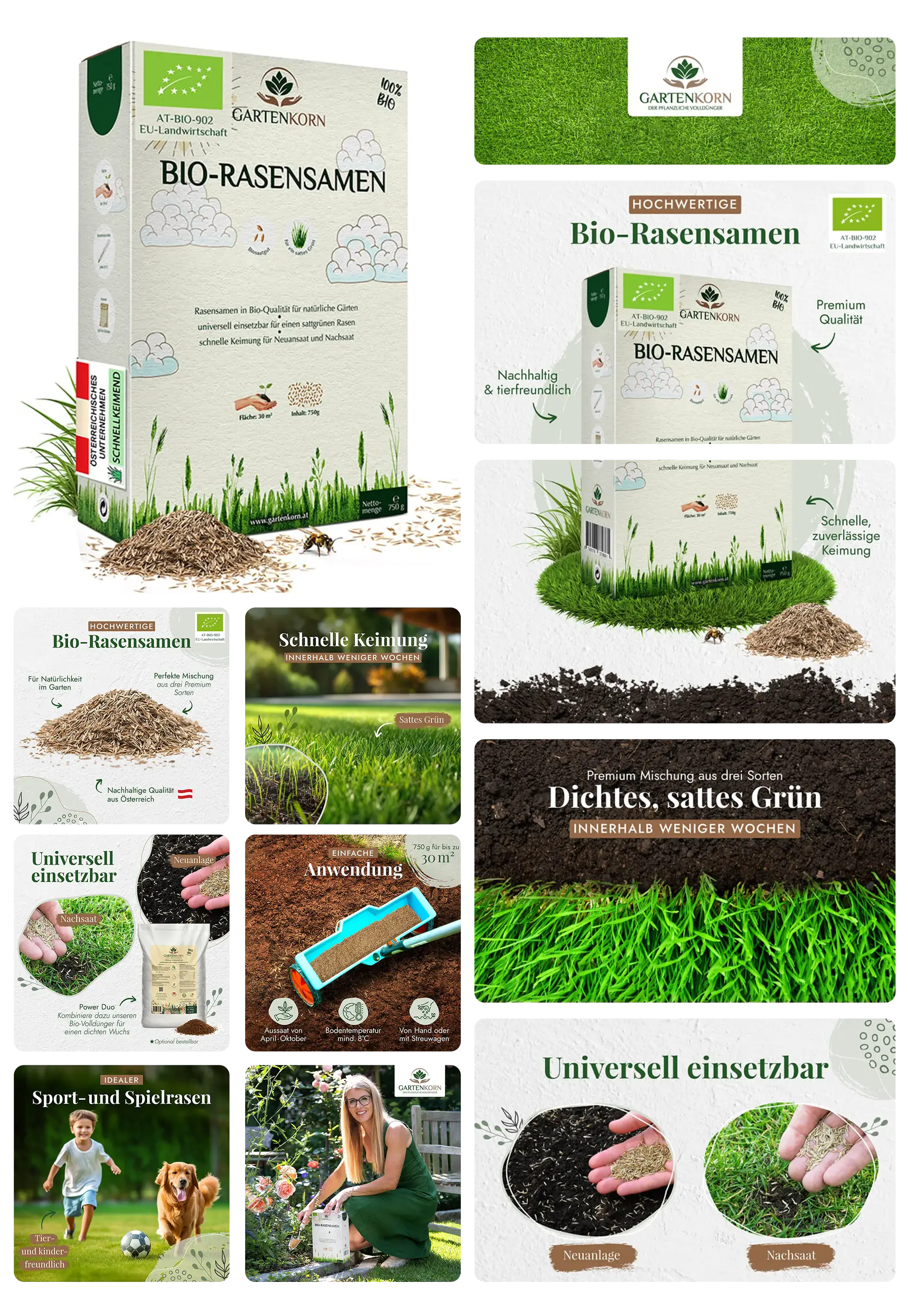 GARTENKORN Bio-Rasensamen für einen dichten, saftig grünen Rasen, mit schneller Keimung und Nachsaat-Funktion, ideal auch für Sport- und Spielrasen.