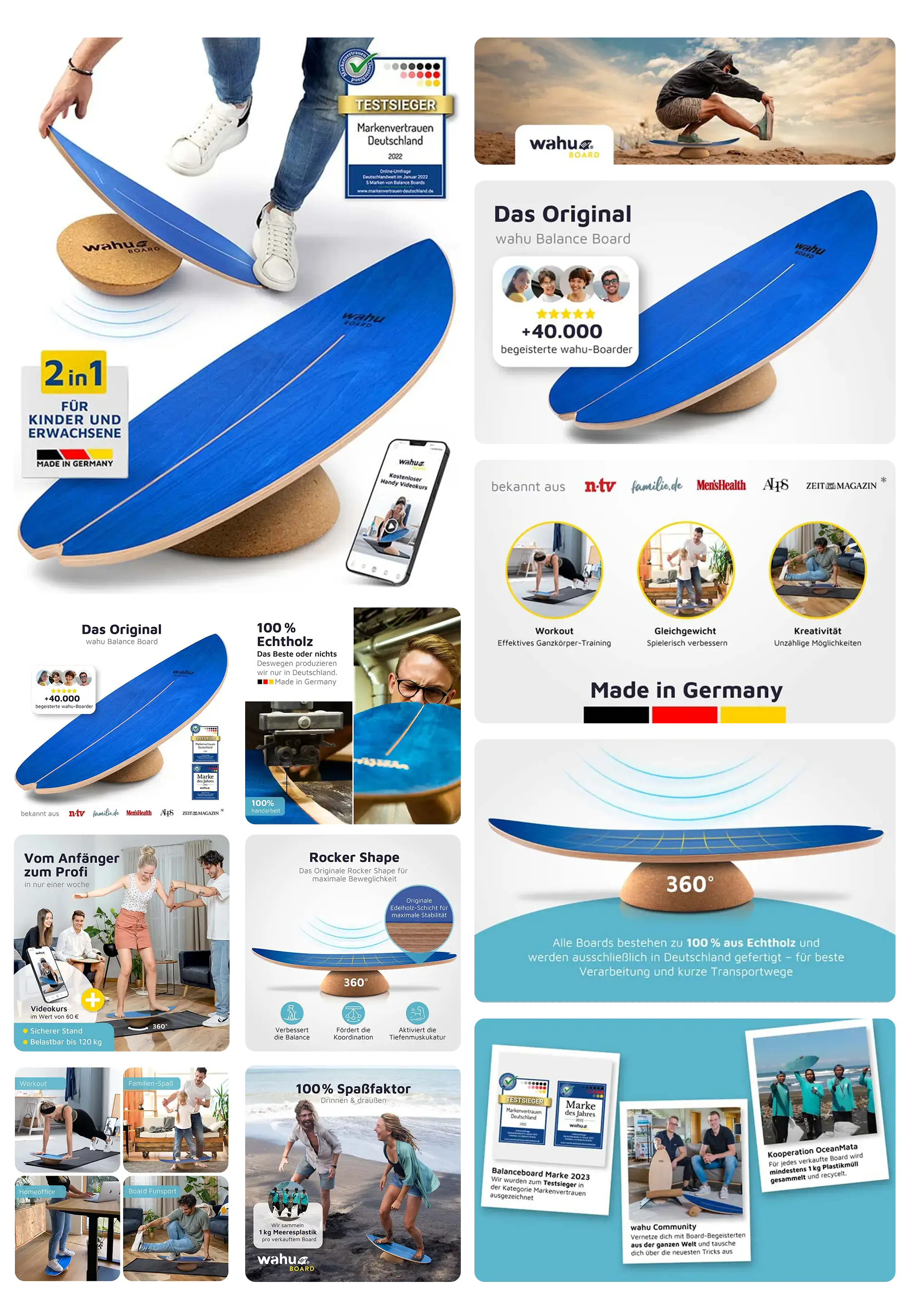 Wahu Balance Board mit blauer Oberfläche und Kork-Rolle, aus nachhaltigem Echtholz in Deutschland gefertigt, ideal für Fitness, Gleichgewichtstraining und Physiotherapie.