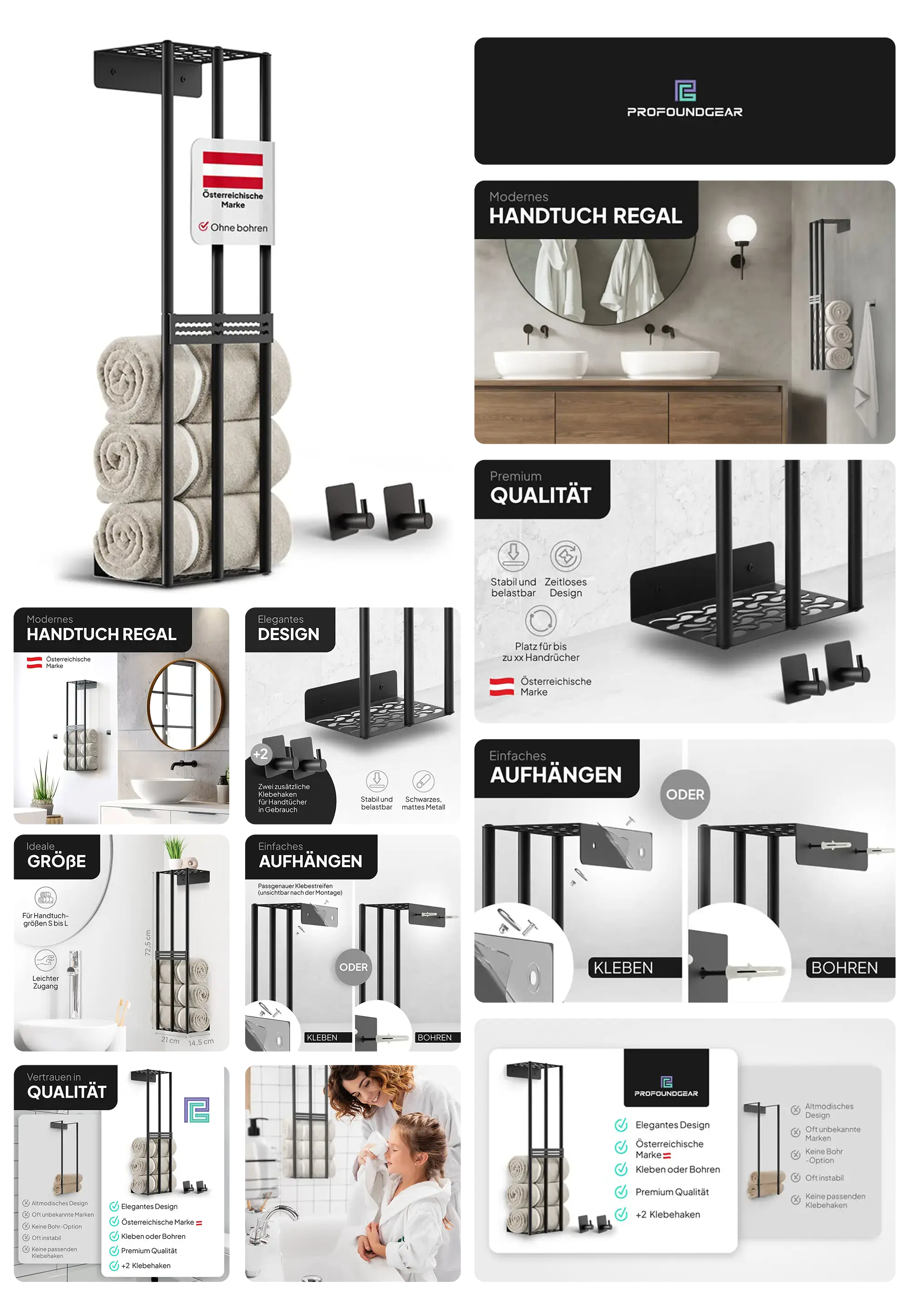 Schwarzes Handtuchregal aus Metall, zur Wandmontage im Badezimmer, mit Platz für mehrere gerollte Handtücher und zwei zusätzlichen Klebehaken.