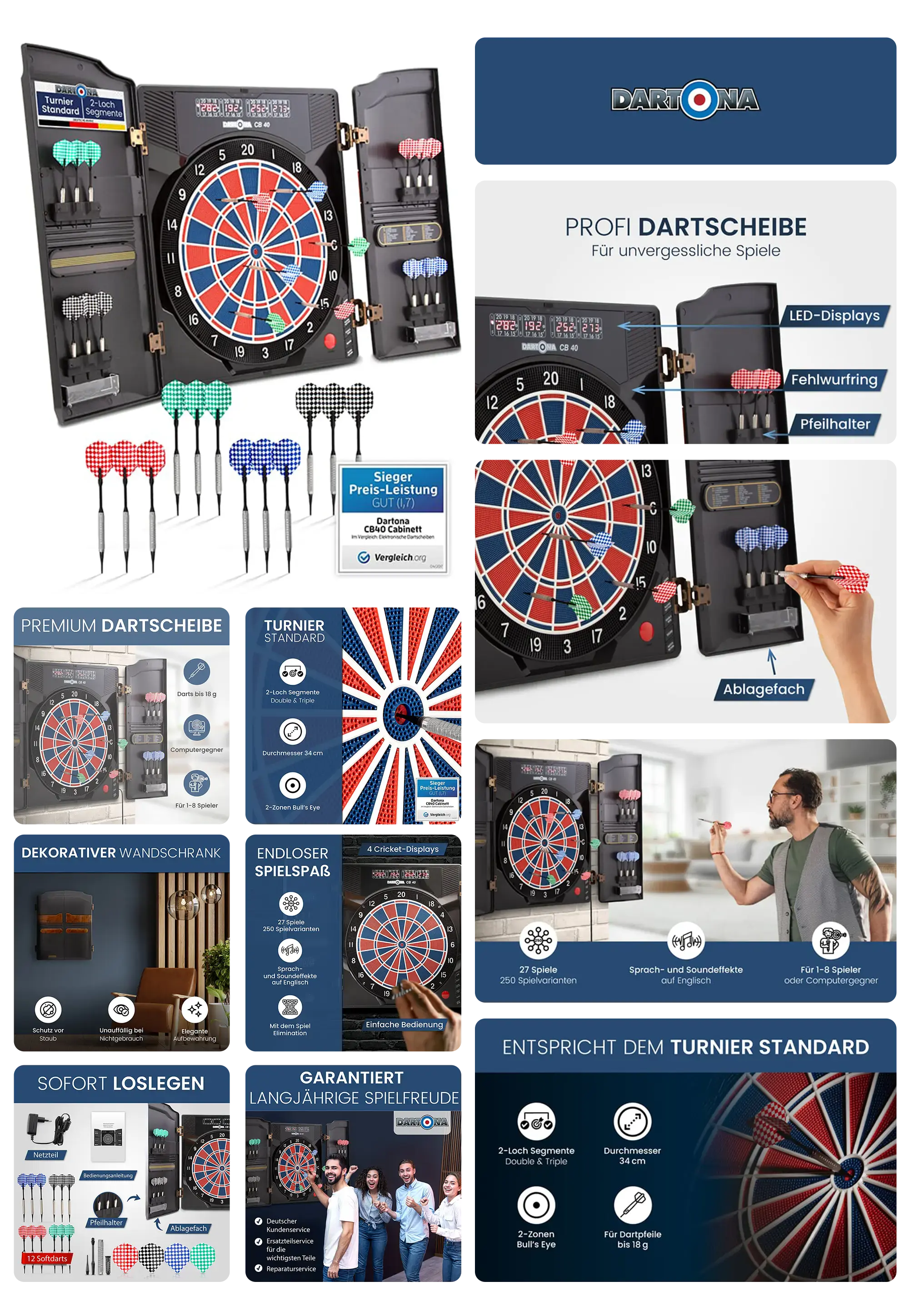 Elektronisches Dartboard Heiku-Dartona CB40 im klappbaren Schrank, mit Softdarts, LED-Displays und digitalem Anzeigefeld.