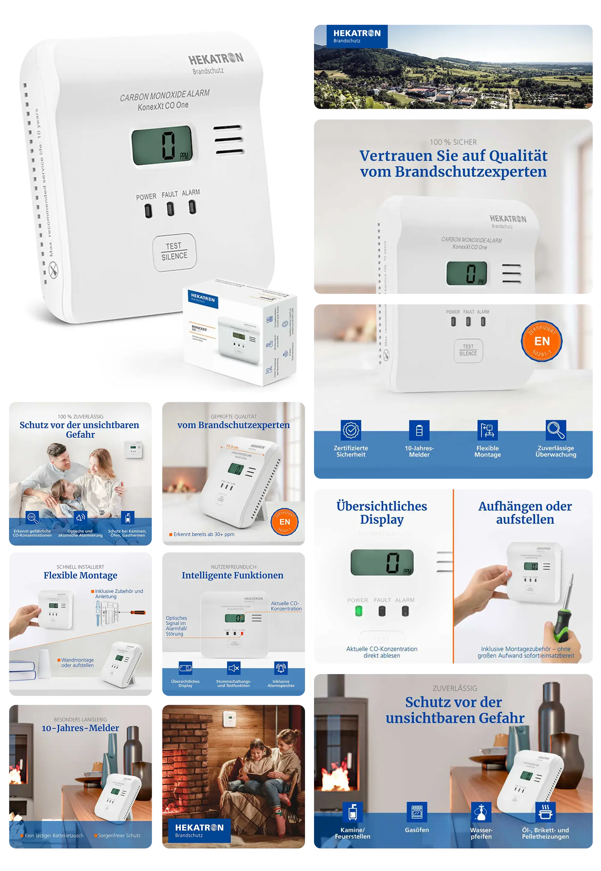 Hekatron Carbon Monoxide Alarm Konexy CO One, ein digitaler Kohlenmonoxid-Warnmelder mit LCD-Anzeige, der vor unsichtbarer Gefahr schützt und flexibel montiert werden kann.