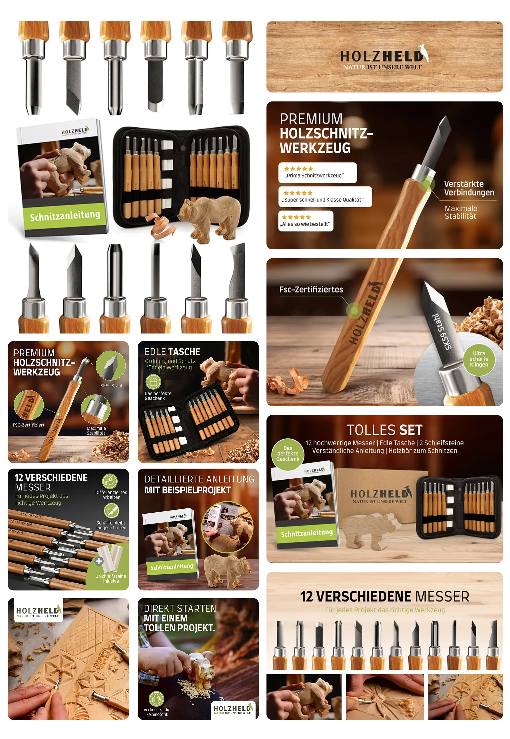 HOLZHELD Premium Holzschnitzwerkzeug-Set mit 12 verschiedenen Schnitzmessern in einer edlen Tasche, inklusive Schnitzanleitung und Schärfsteinen, ideal für Einsteiger und Profis.