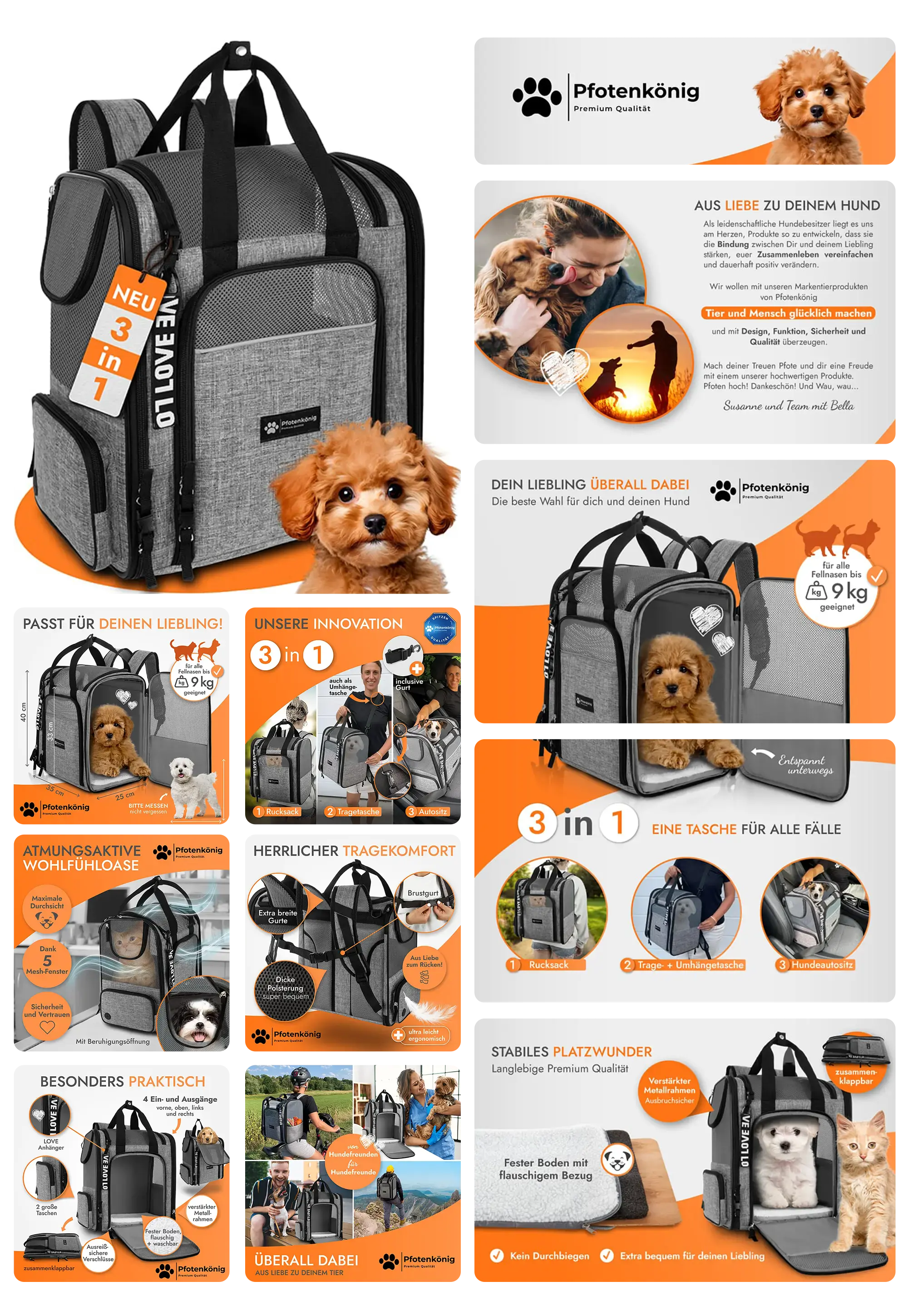 Grauer Hunderucksack, der als Rucksack, Tragetasche und Hundeautositze genutzt werden kann, mit Belüftungsfenstern und weichem Boden, ideal für den Transport von kleinen Hunden und Welpen.