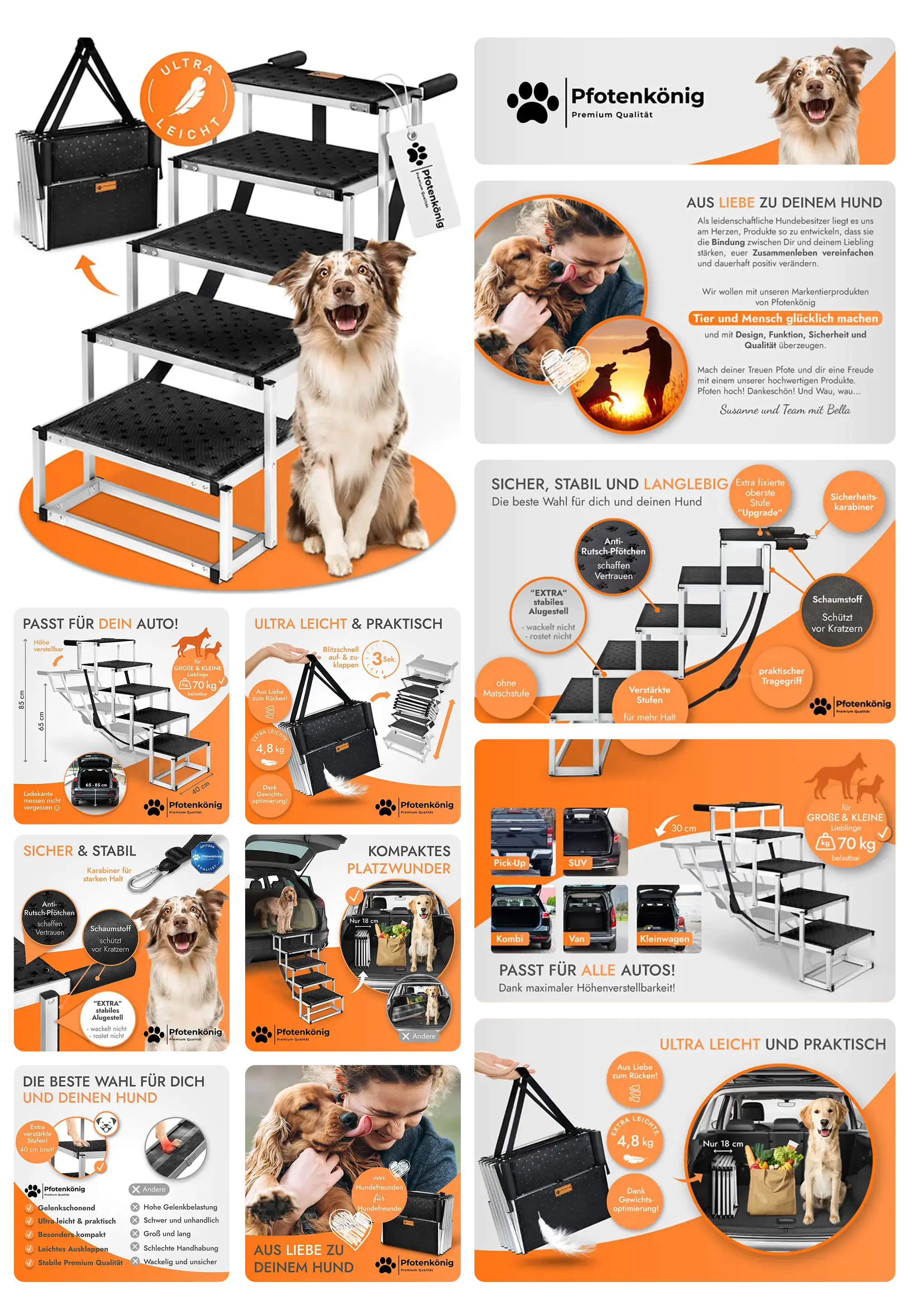 Hundetreppe von Pfotenkönig, eine kompakte, faltbare und rutschfeste Einstiegshilfe mit 4 Stufen, ideal für kleine bis mittelgroße Hunde zum einfachen Aufstieg in Autos oder auf Möbel.