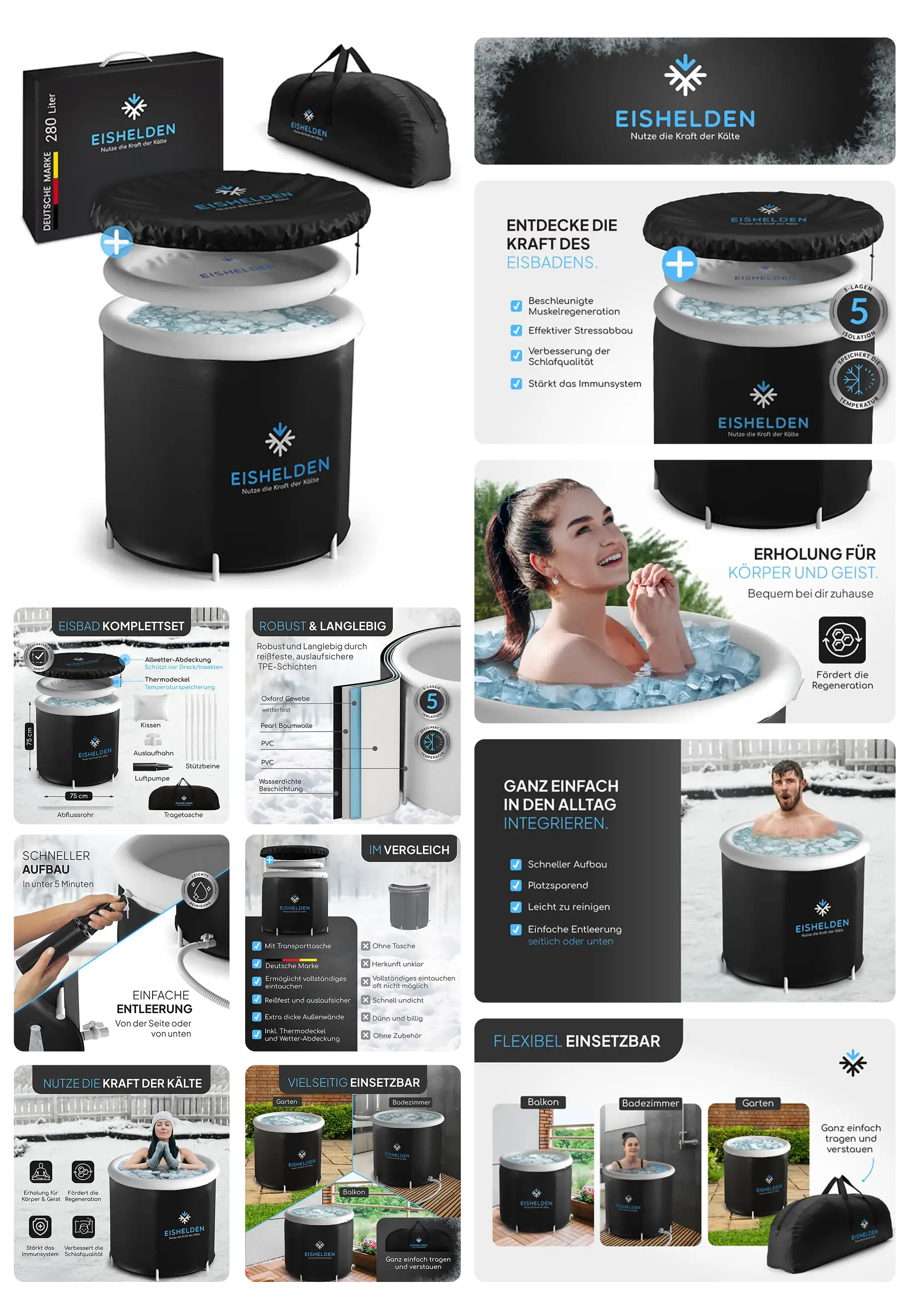 EISHELDEN Ice Bath, ein tragbares Eisbad-Komplettset in Schwarz mit Deckel, ideal zur Kältetherapie, Muskelregeneration und Stressabbau nach dem Sport.