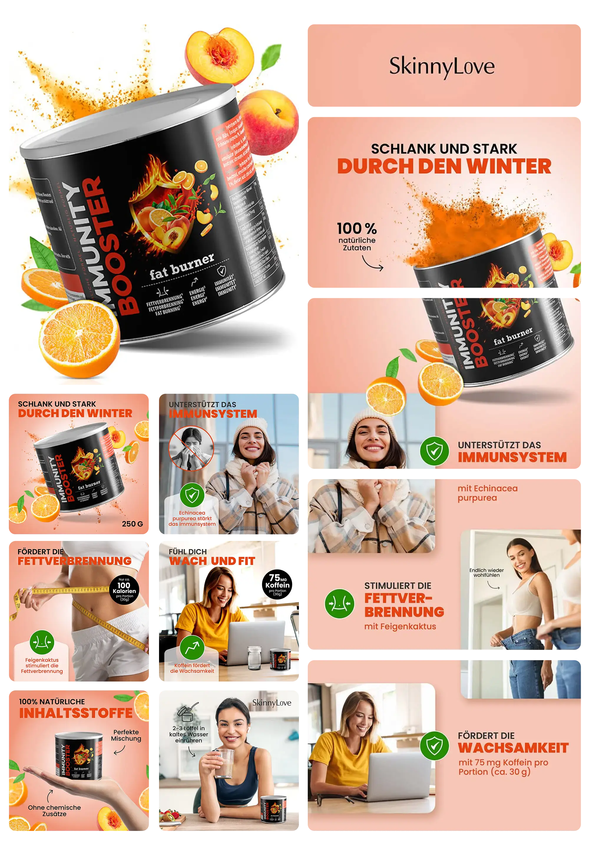 Dose von SkinnyLove Immunity Booster – Fat Burner, einem Nahrungsergänzungsmittel in Pulverform, angereichert mit natürlichen Inhaltsstoffen zur Unterstützung des Stoffwechsels und des Immunsystems, mit Früchten wie Pfirsich und Orange.