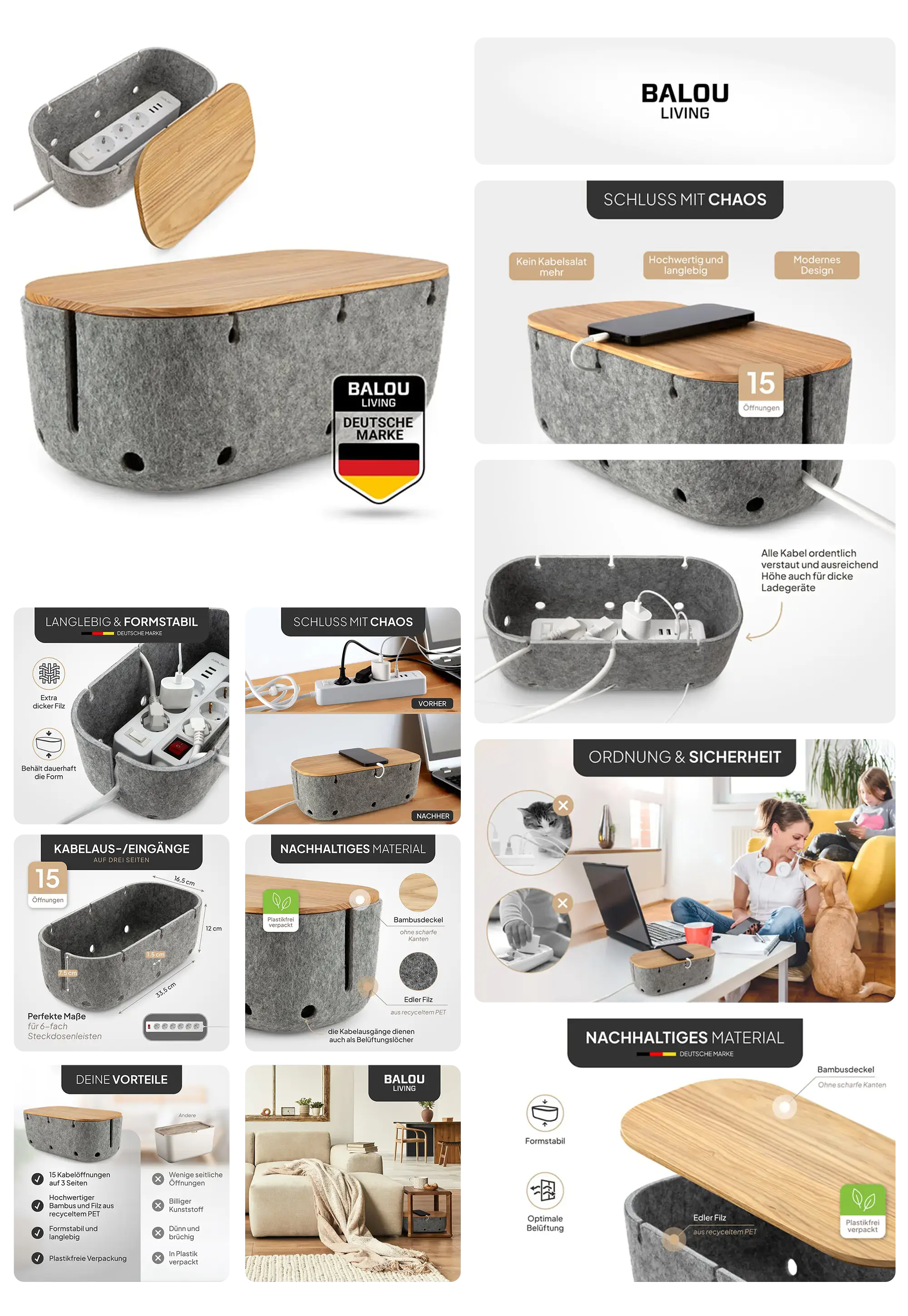 BALOU LIVING Kabelbox aus grauem Filz mit einem Deckel aus hellem Bambusholz, zur ordentlichen und sicheren Aufbewahrung von Steckdosenleisten und Kabeln.