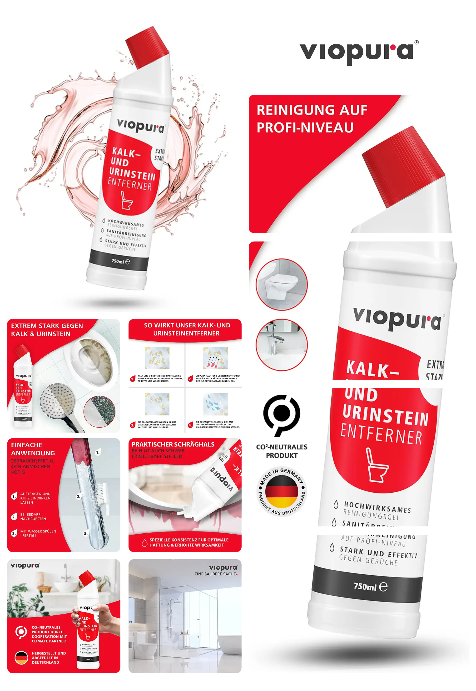 Viopura Kalk- und Urinsteinentferner in einer weißen Flasche mit rotem Deckel, ein hochwirksamer Sanitärreiniger zur professionellen Reinigung von Toiletten und Badezimmern.