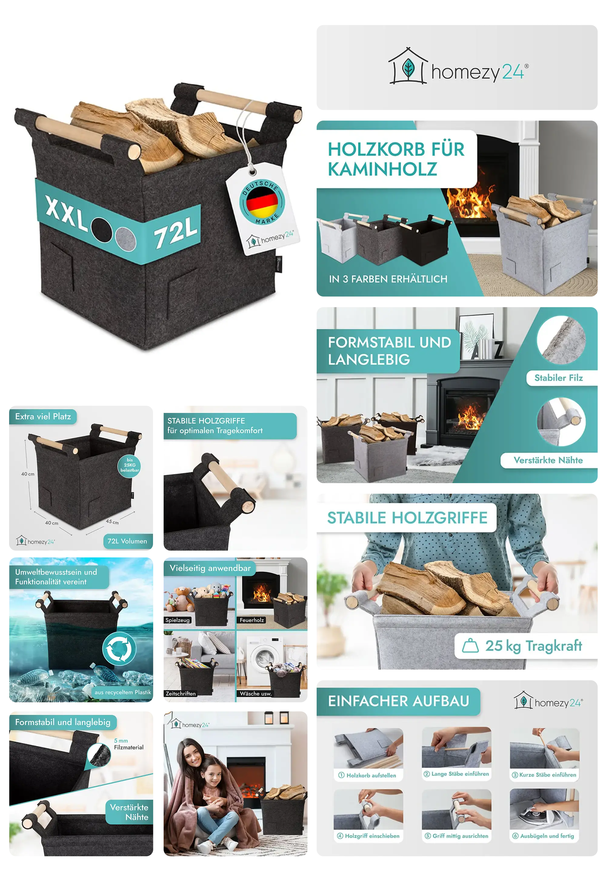 Großer, faltbarer Kaminholzkorb aus grauem Filz mit Holzgriffen, ideal zur Aufbewahrung und zum Transport von Brennholz.