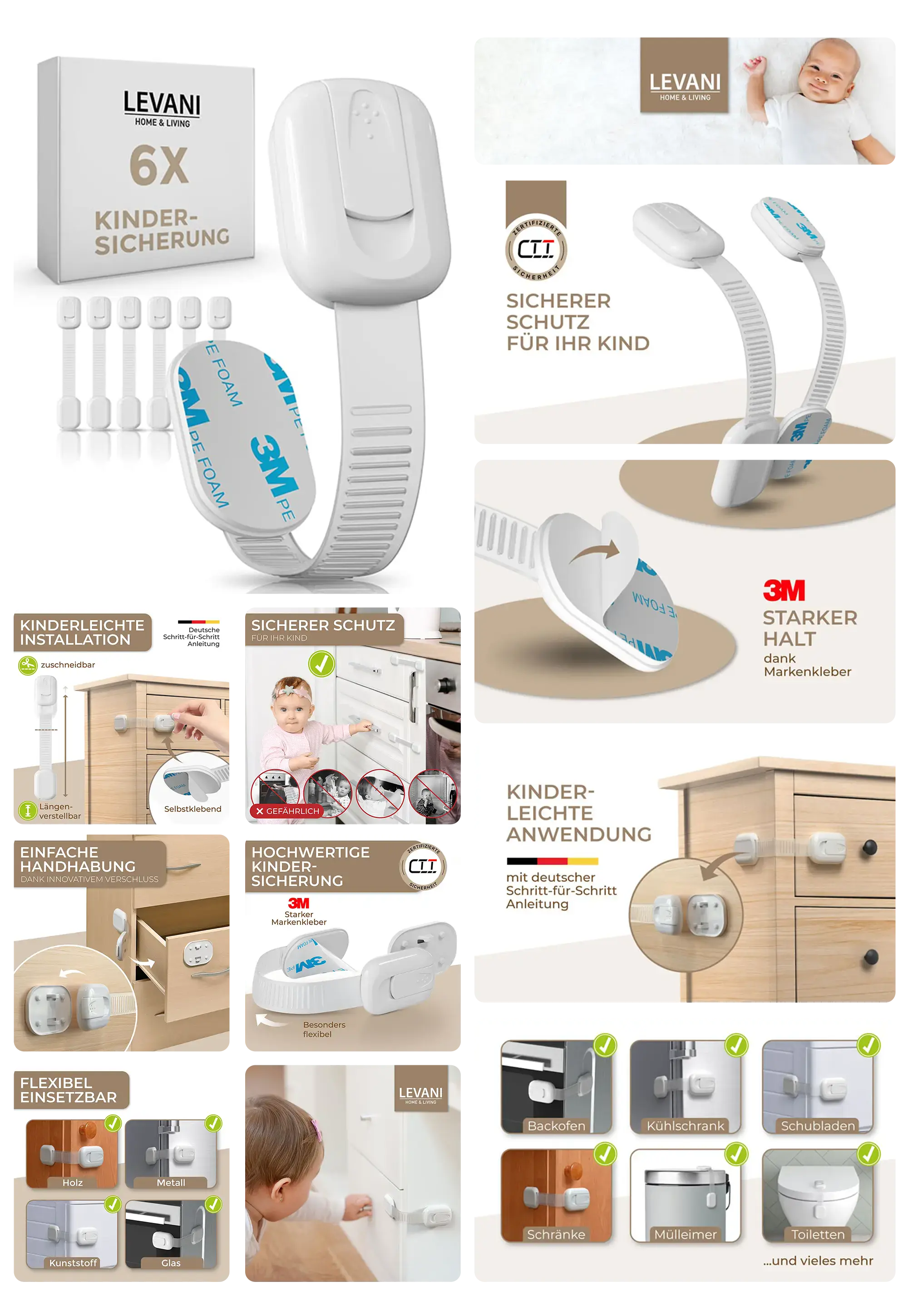 LEVANI Kindersicherung-Set, bestehend aus 6 weißen, flexiblen Riemen mit 3M-Klebepads, die Schränke, Schubladen und andere Möbel für Babys und Kleinkinder sicher verschließen.