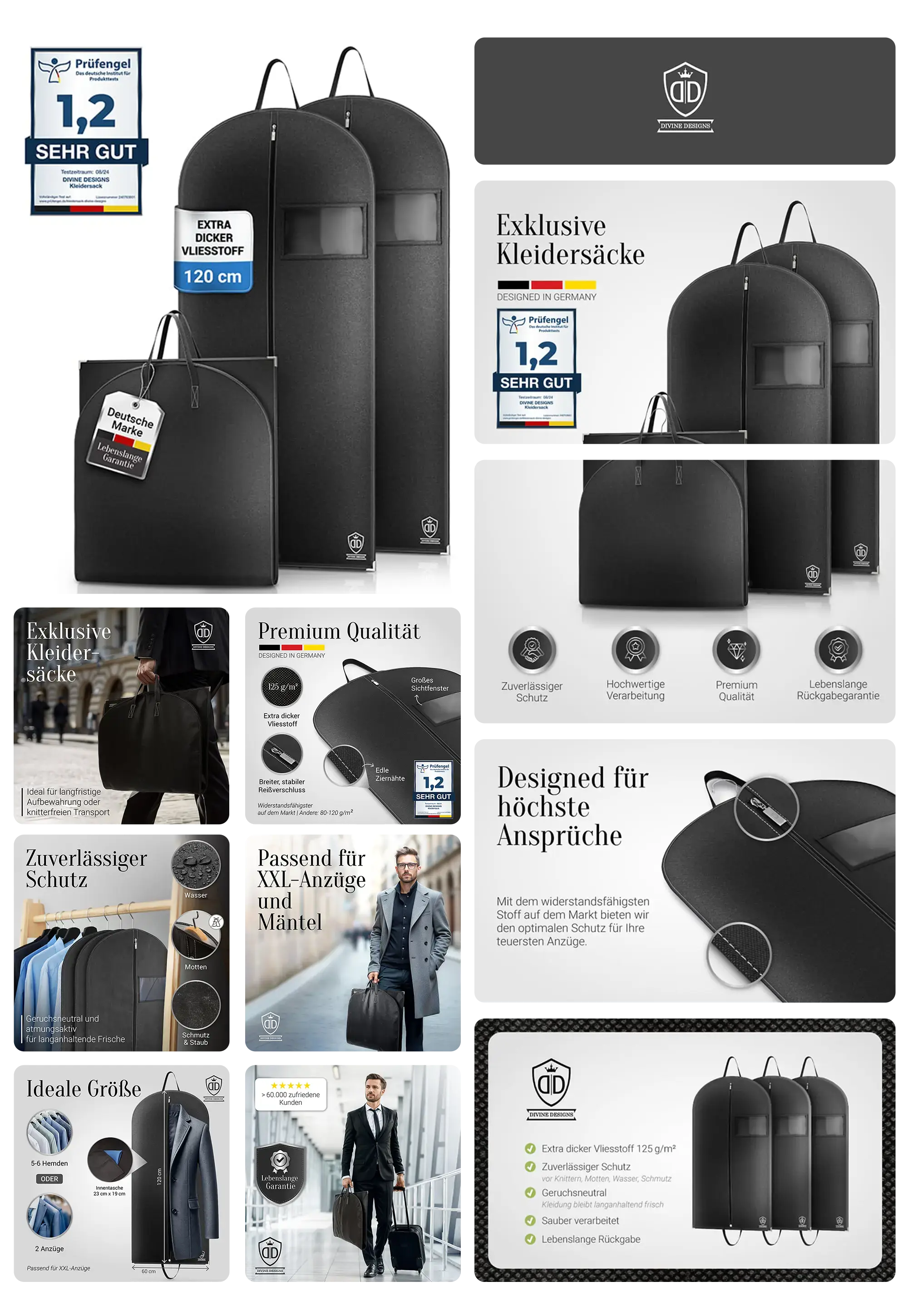 Set von drei schwarzen, exklusiven Kleidersäcken aus Vliesstoff für den Schutz von Anzügen, Mänteln und Hemden, ideal für Aufbewahrung und Reisen.