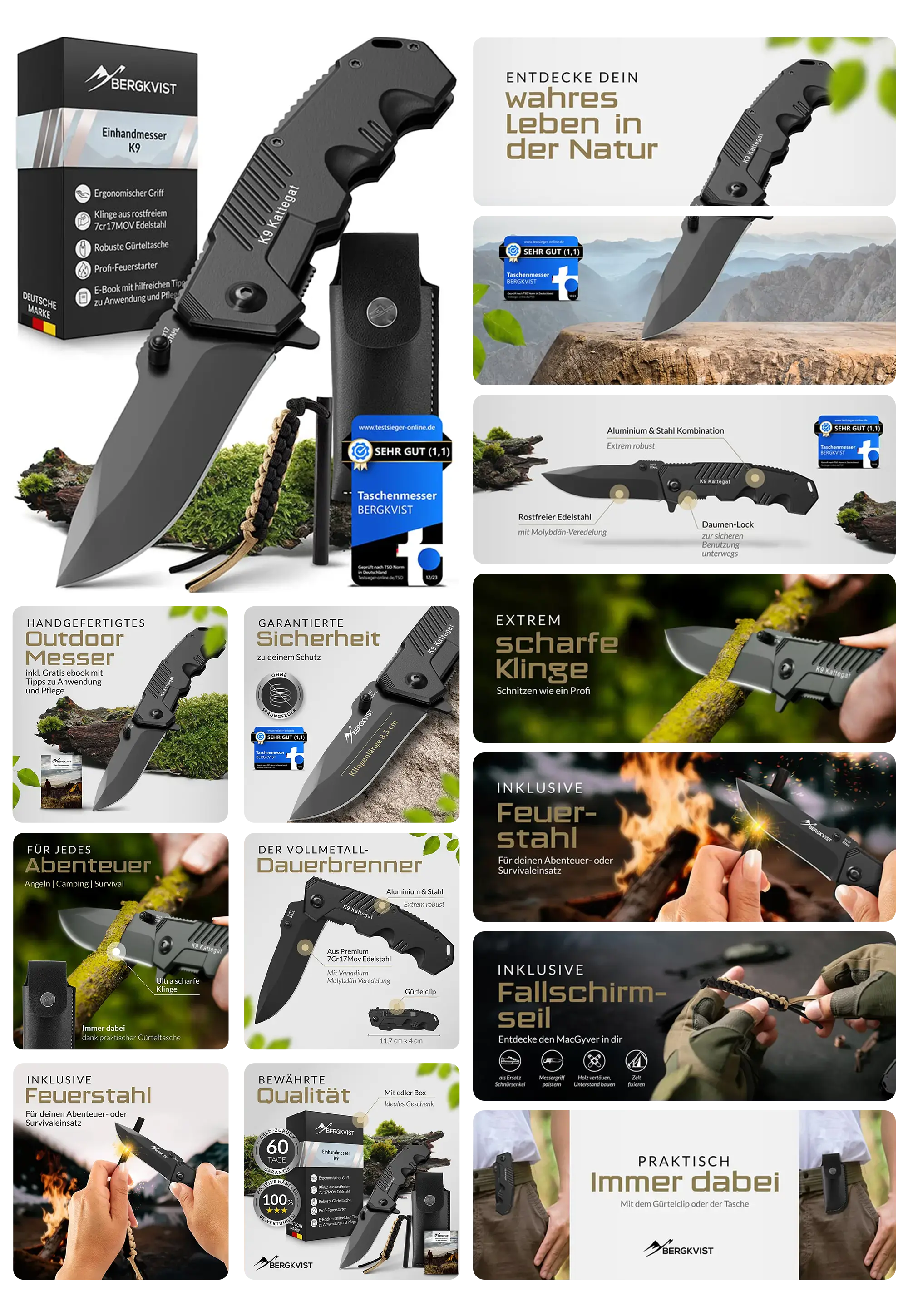 BERGKIVST Einhandmesser K9, ein schwarzes, handgefertigtes Klappmesser mit robustem Edelstahl, ergonomischem Griff und inklusivem Feuerstahl und Fallschirm-Seil für den Outdoor- und Survival-Bereich.