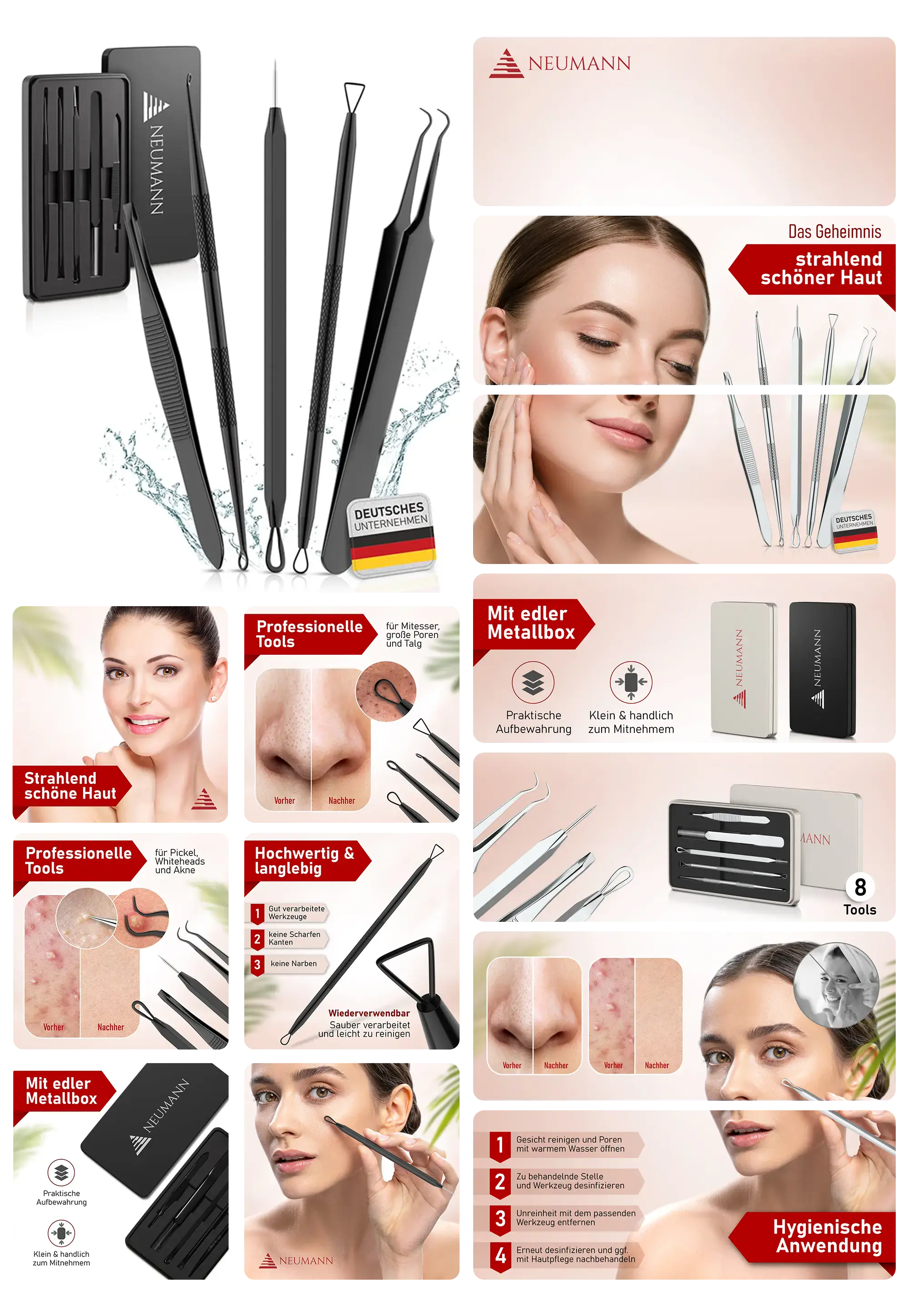 Set von NEUMANN aus 8 professionellen Mitesserentfernern aus schwarzem Edelstahl, zur Entfernung von Mitessern und Hautunreinheiten, aufbewahrt in einer edlen Metallbox.