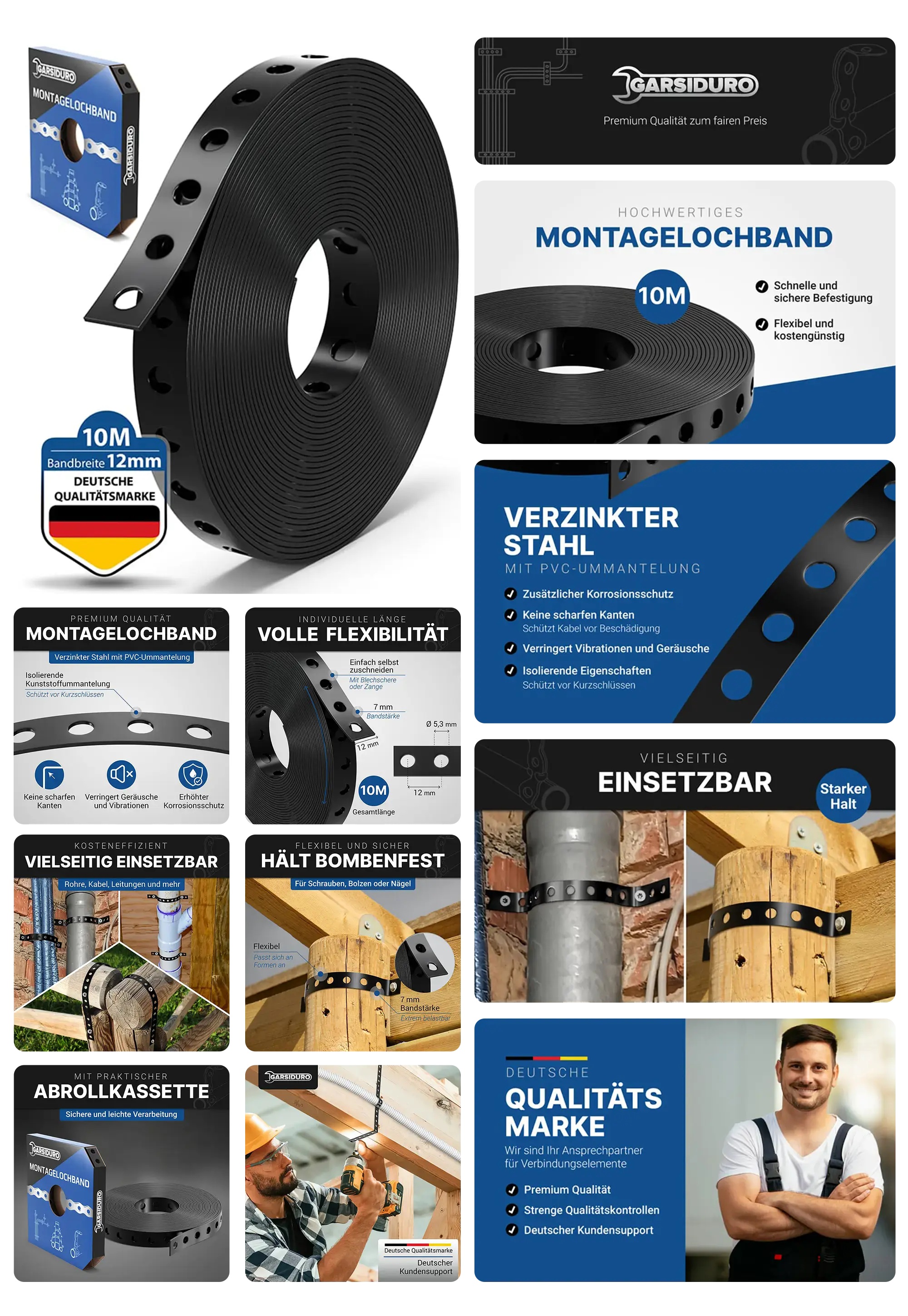 Montagelochband von GARSIDURO in schwarzer PVC-Ummantelung über verzinktem Stahl, 10 Meter lang und 12 mm breit, ideal zur schnellen und flexiblen Befestigung von Rohren, Kabeln und anderen Elementen.