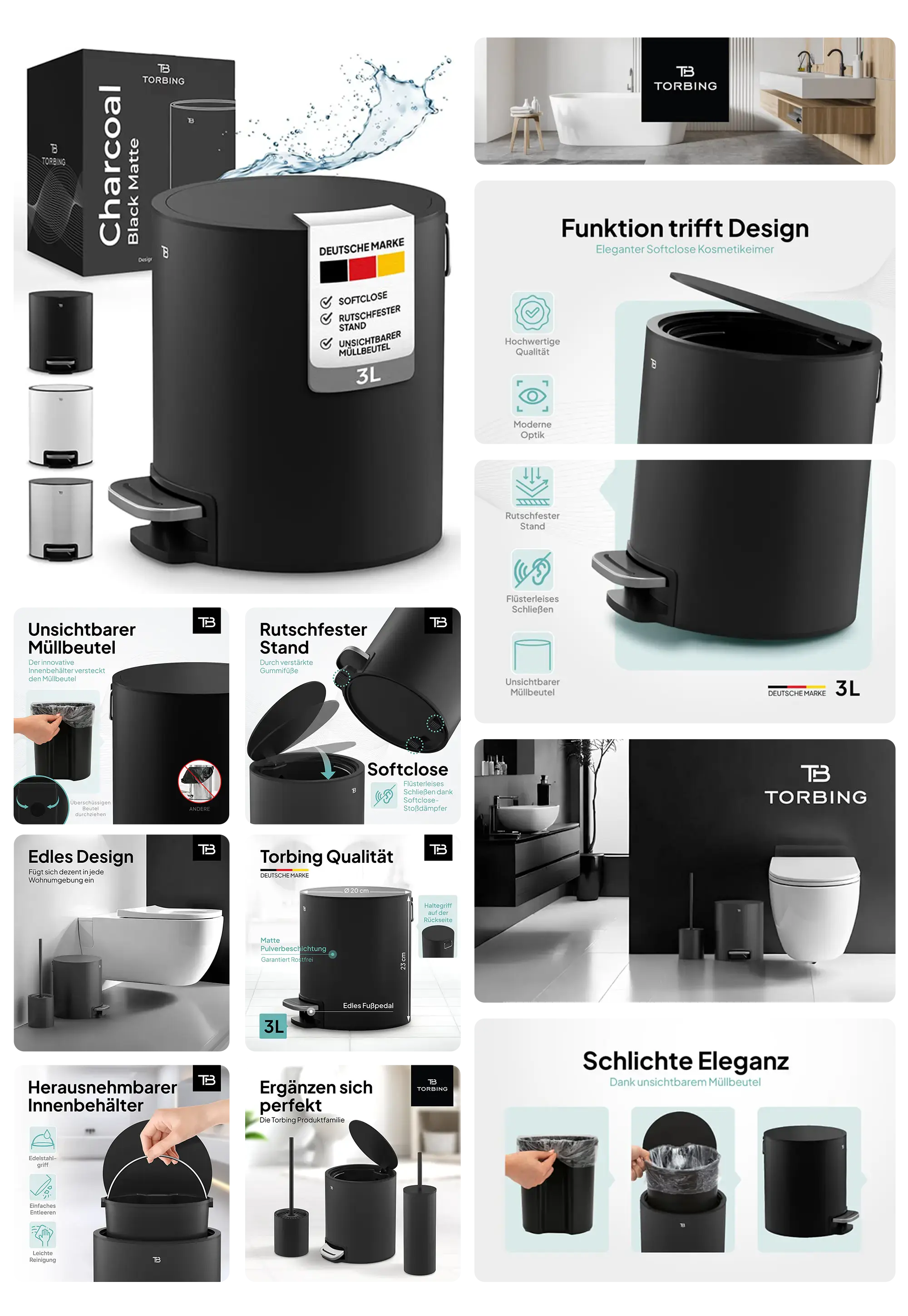 Schwarzer TORBING Kosmetikeimer für das Badezimmer, mit einem Fassungsvermögen von 3 Litern, Soft-Close-Deckel und einem herausnehmbaren Inneneimer.