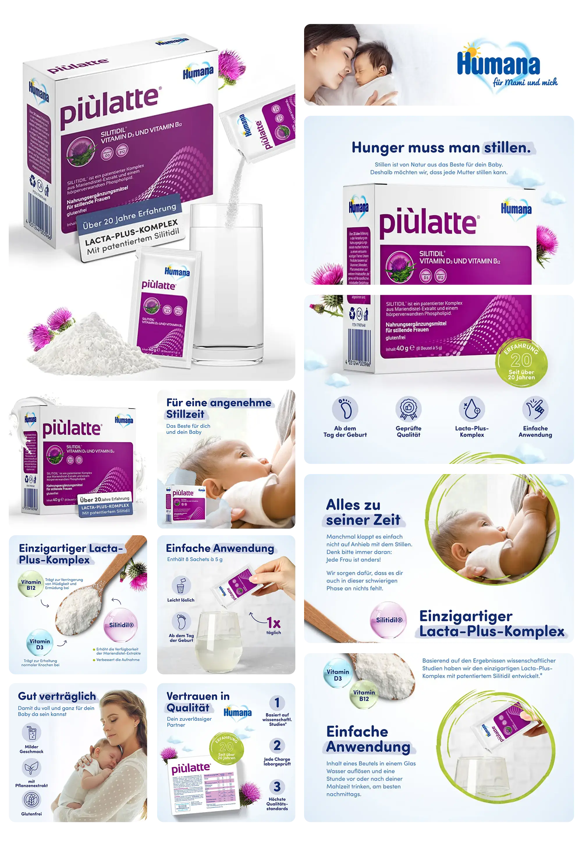 HUMANA Piulatte, ein Nahrungsergänzungsmittel in Pulverform für stillende Mütter, mit dem patentierten Inhaltsstoff Silitidil und Vitamin B12, das die natürliche Milchbildung unterstützt.