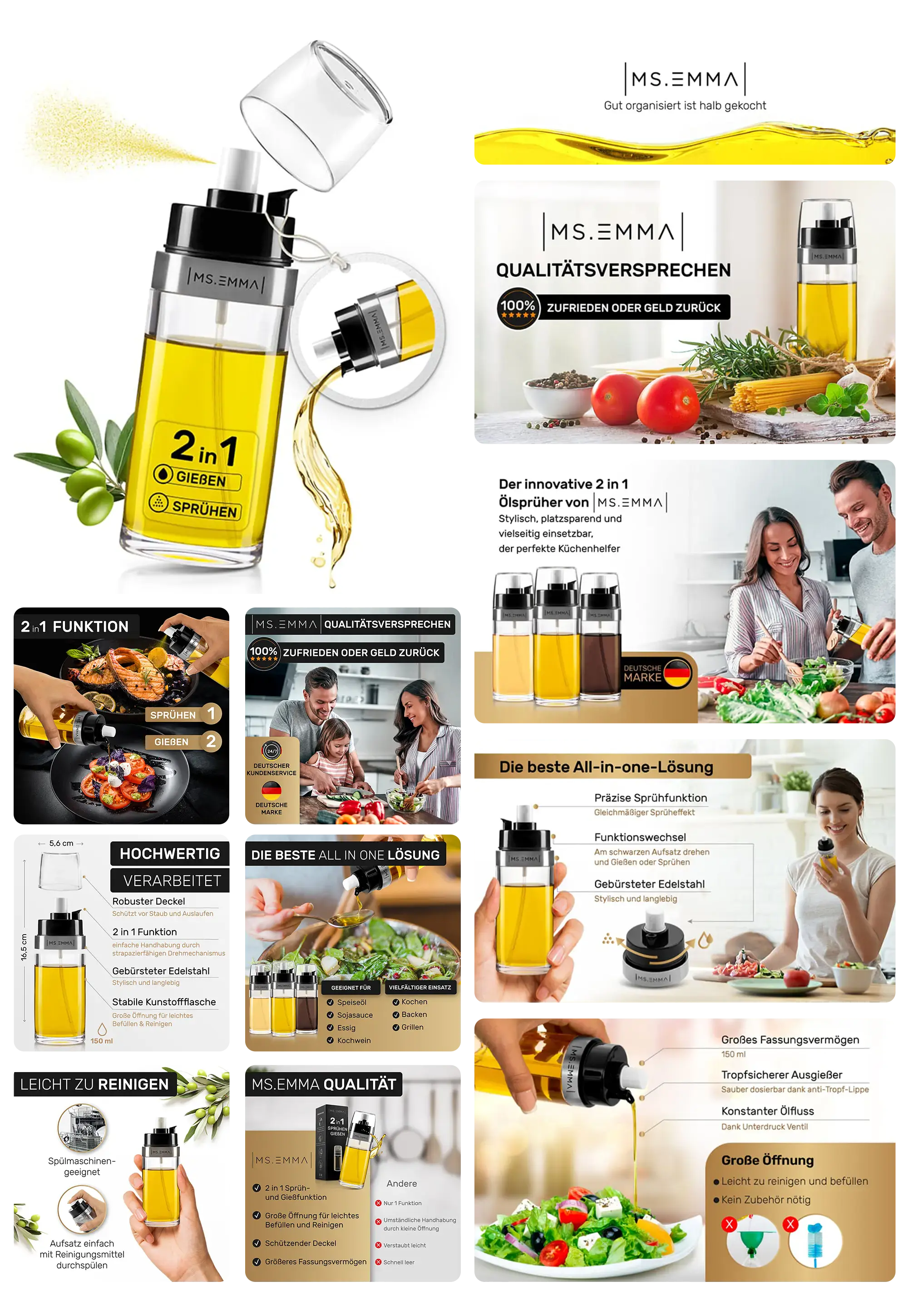 MS. EMMA 2-in-1 Ölsprüher aus Edelstahl und Kunststoff, der sowohl zum Sprühen als auch zum Gießen von Öl verwendet werden kann, ideal für Kochen, Backen und Salatdressings.