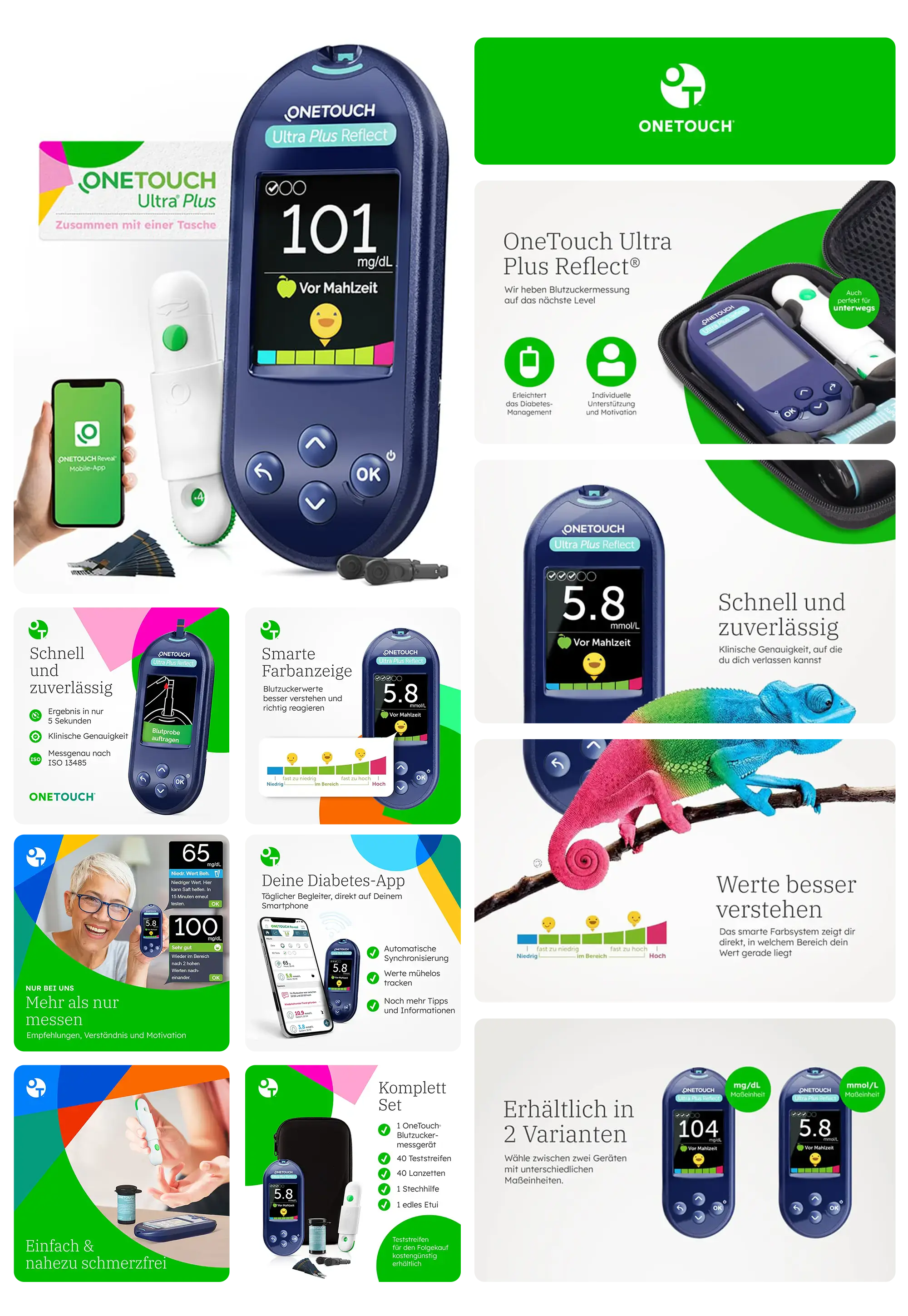 OneTouch Ultra Plus Blutzuckermessgerät, ein medizinisches Gerät mit Farbdisplay zur einfachen Blutzuckermessung und einer passenden App, präsentiert mit einer Tragetasche und Zubehör.