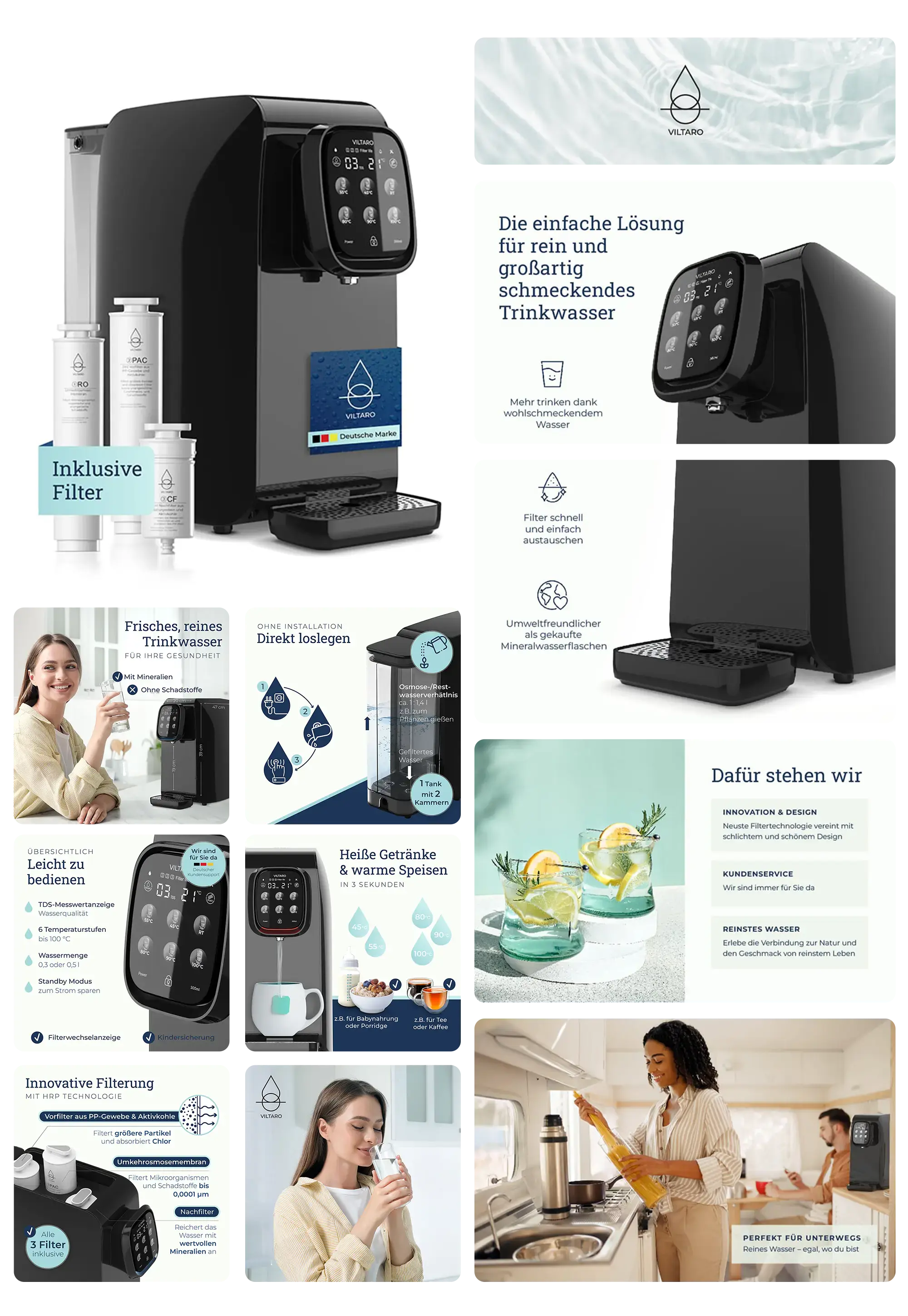 Schwarze Osmoseanlage von Veltabo mit 3 Filterstufen und digitalem Touch-Display, die direkt an die Steckdose angeschlossen wird und heißes sowie kaltes Wasser aufbereitet.