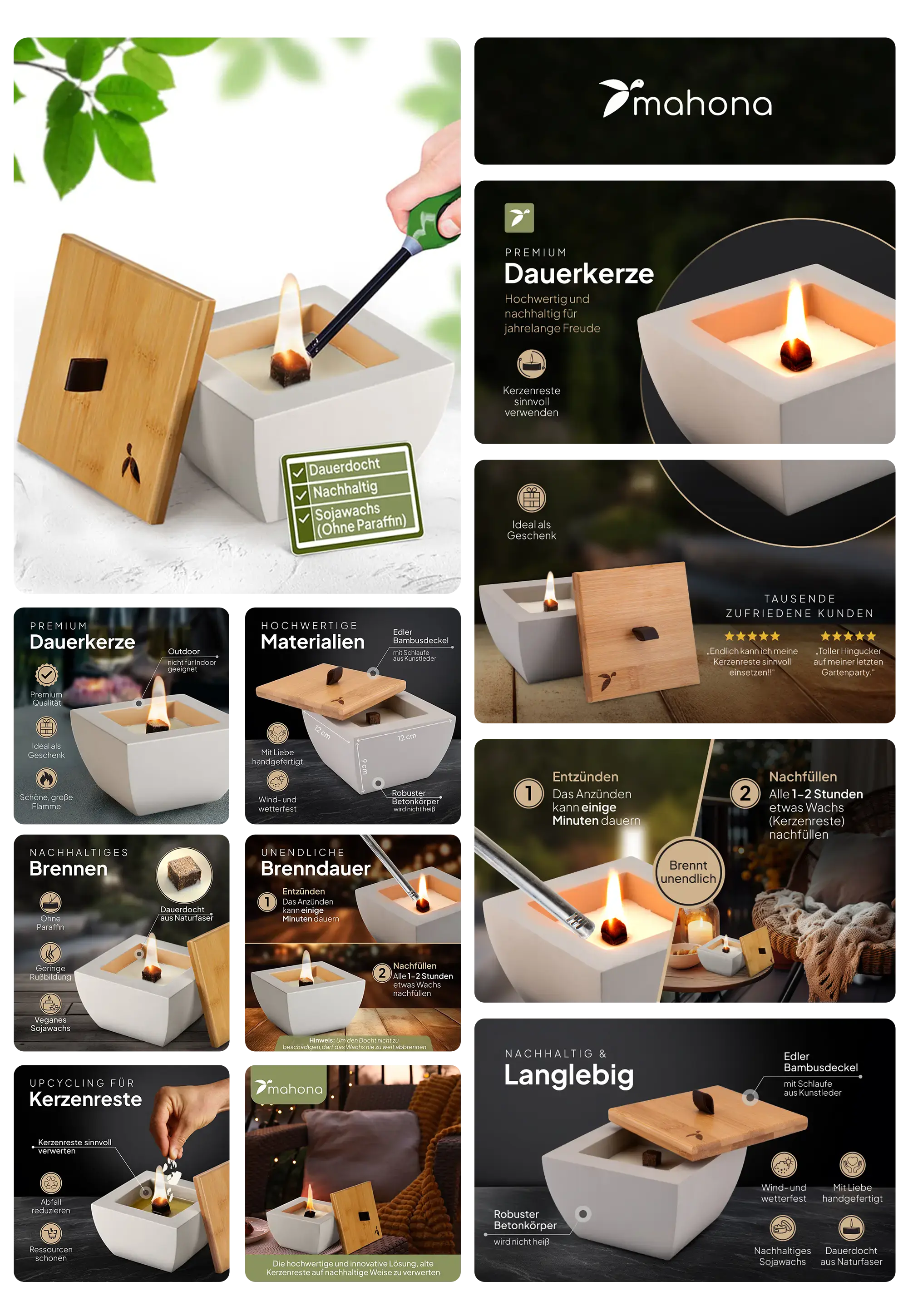 Kerze von mahona in einem weißen Beton-Behälter mit einem Holzdeckel und einem Docht aus dauerhaftem Material, perfekt für den Außenbereich.