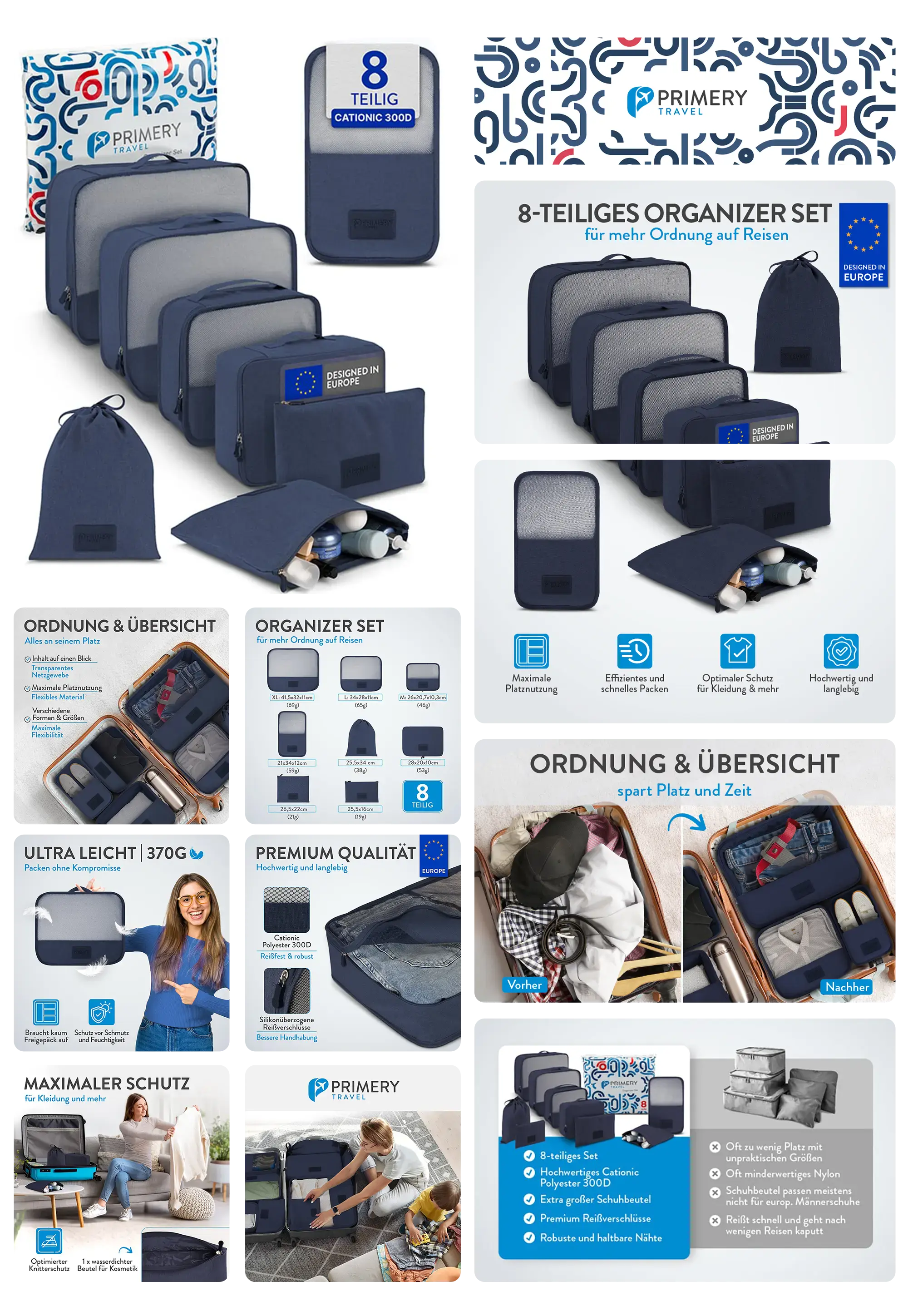 Set von 8 blauen Packing Cubes von PRIMERY TRAVEL, ein Organizer-Set für die Gepäckorganisation auf Reisen, mit verschiedenen Größen und einem Schuhbeutel.