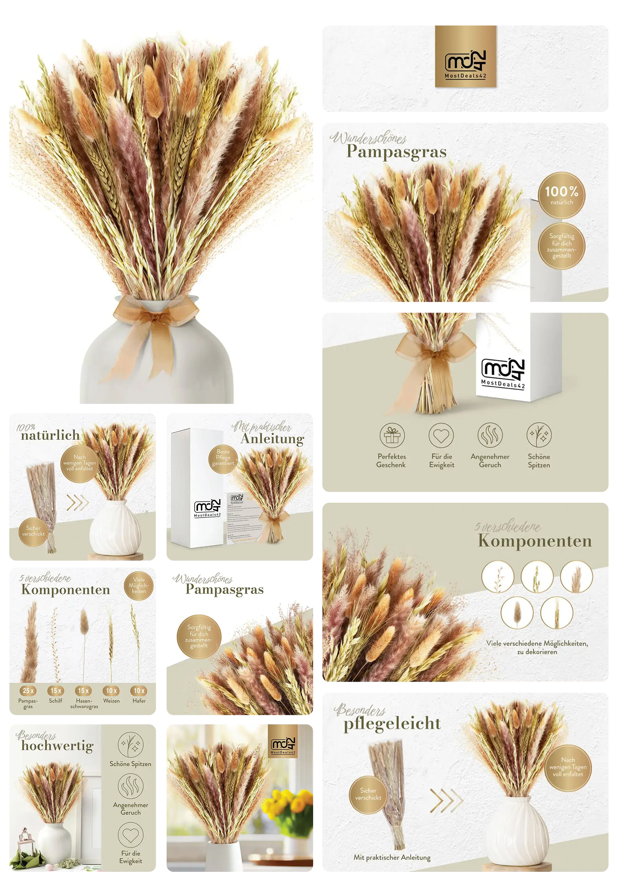 Großer, gemischter Strauß aus getrocknetem Pampasgras und anderen Trockenblumen, perfekt als natürliche Dekoration für den Innenbereich, in einer weißen Keramikvase arrangiert.