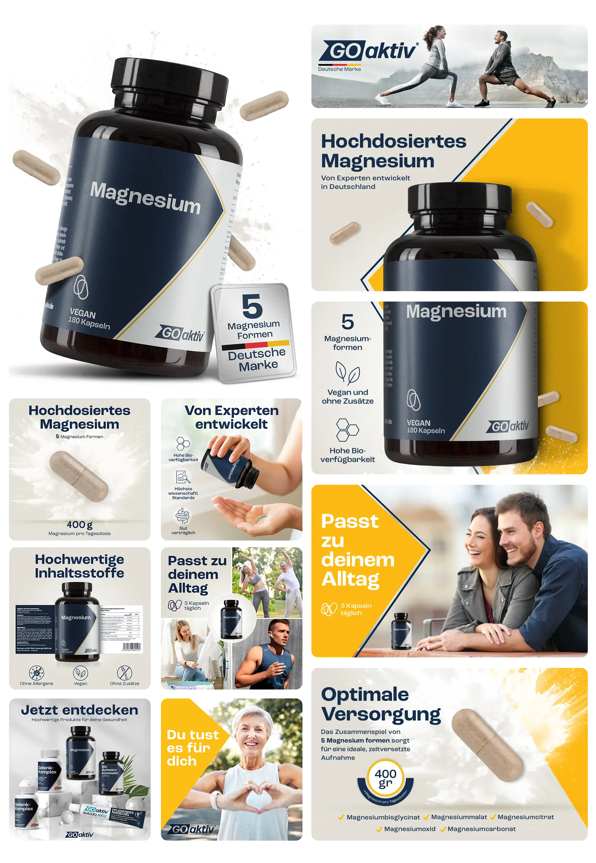 Dunkle Flasche mit dem Etikett „Magnesium Go Aktiv“ und Aufschrift „VEGAN 100 Kapseln“ neben aufgeschütteten Kapseln. Im Hintergrund weitere Bilder, die die Vorteile und die Einnahme des Nahrungsergänzungsmittels zeigen.