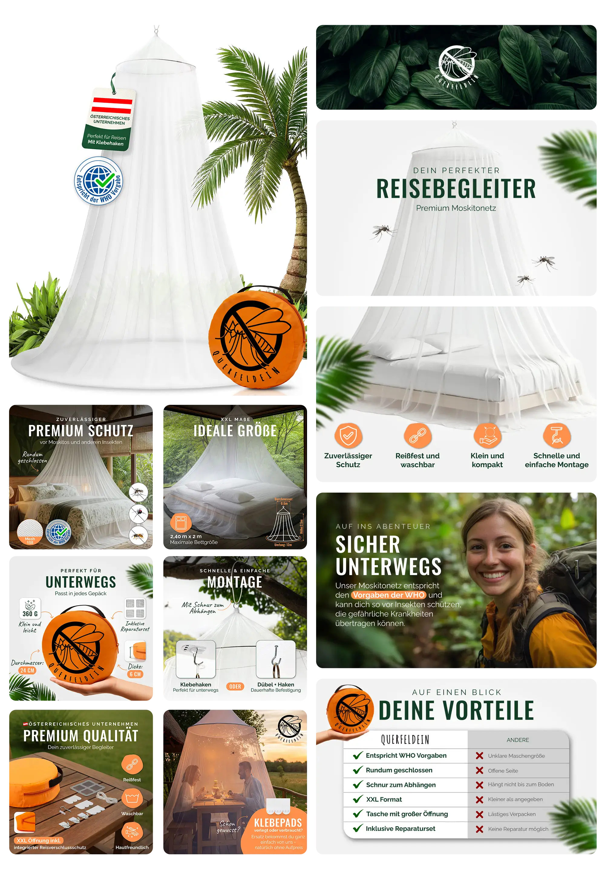 weißes, rundes Moskitonetz über einem Bett, umgeben von Palmen und einem orangenen Beutel