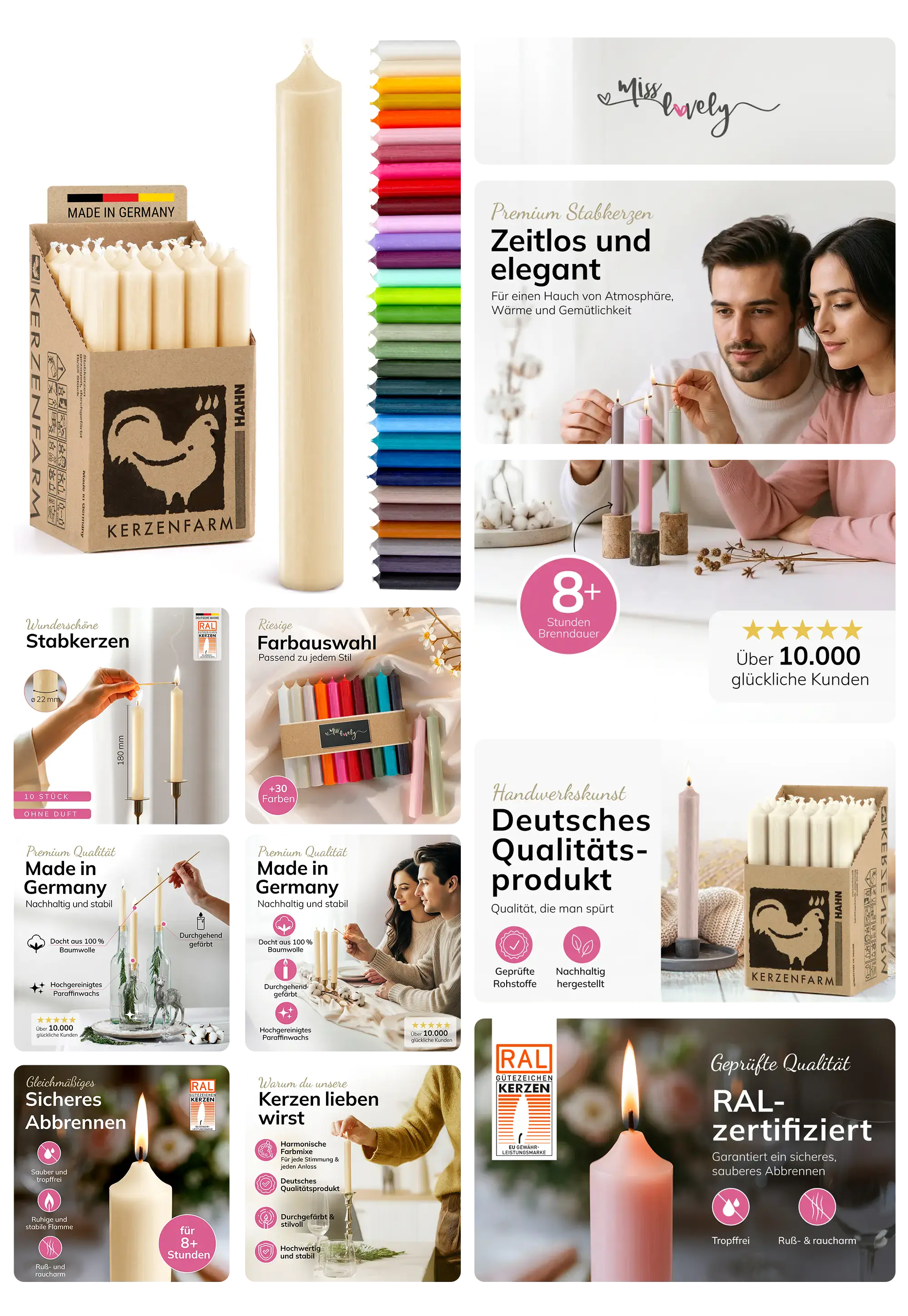 weiße und bunte Stabkerzen in verschiedenen Farben, in einer Verpackung und angezündet in einem Zuhause