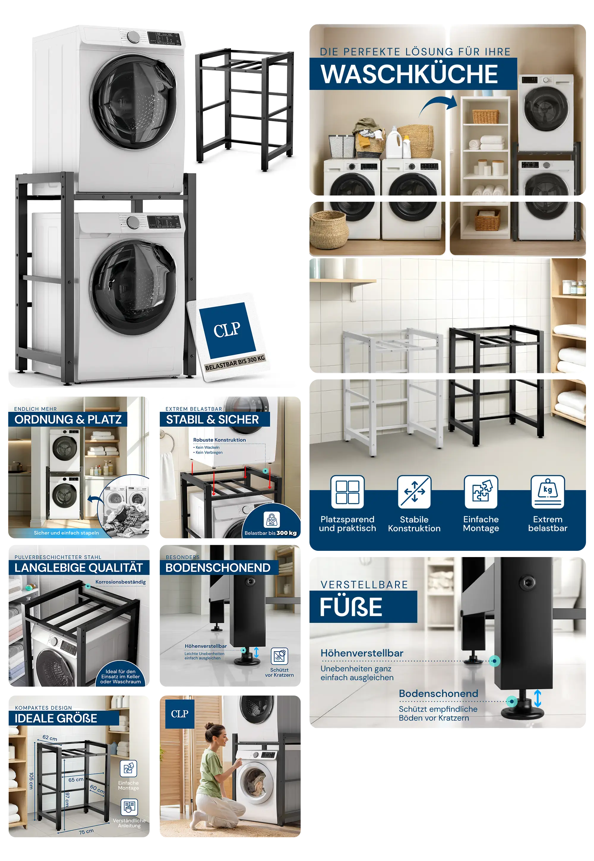 schwarzes Waschmaschinenregal in Metallkonstruktion, montiert über einer Waschmaschine, gezeigt in verschiedenen Perspektiven und als platzsparende Lösung