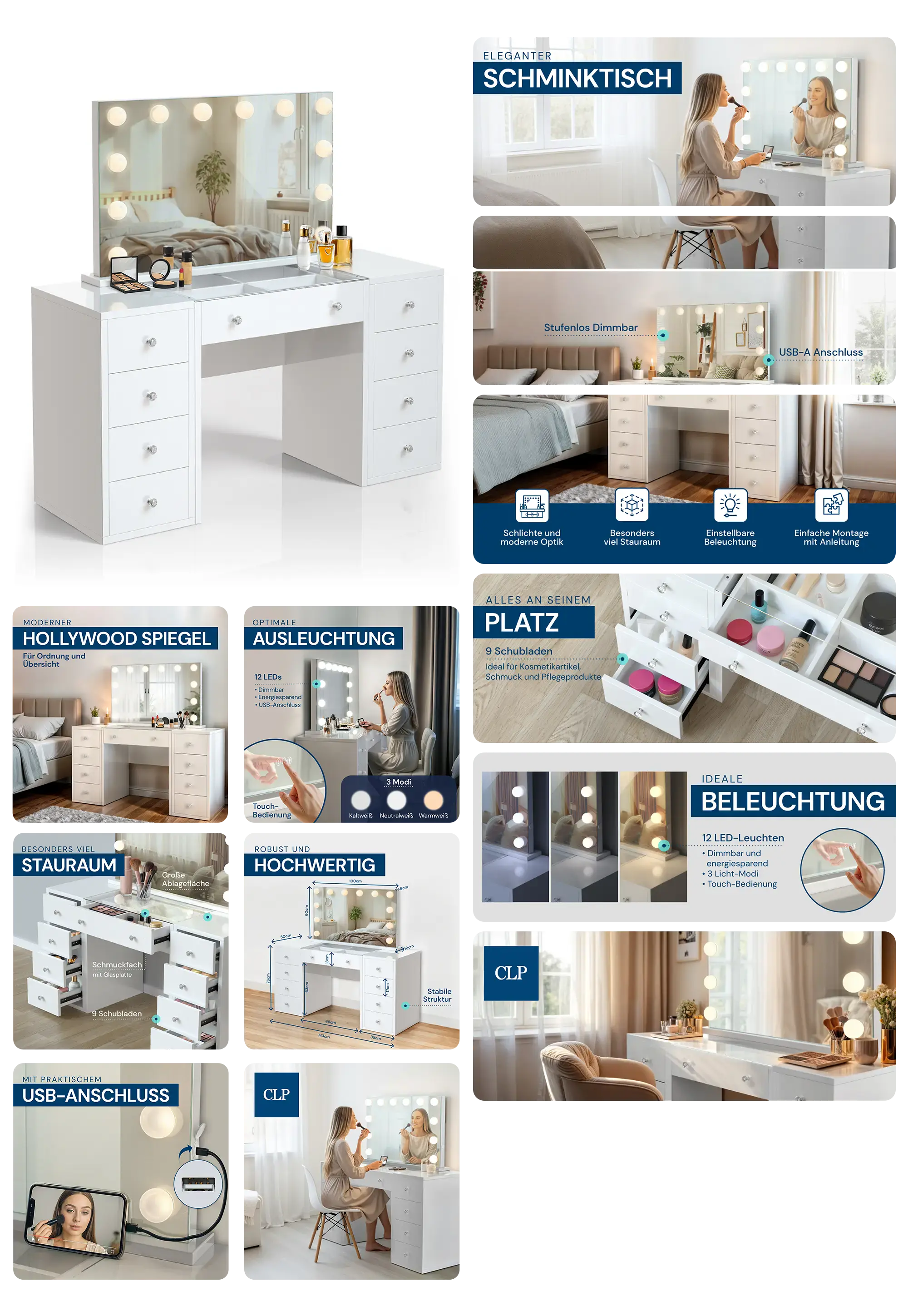 weißer Schminktisch mit großem beleuchteten Spiegel im Hollywood-Stil, gezeigt mit geöffneten Schubladen und in einem modernen Schlafzimmer