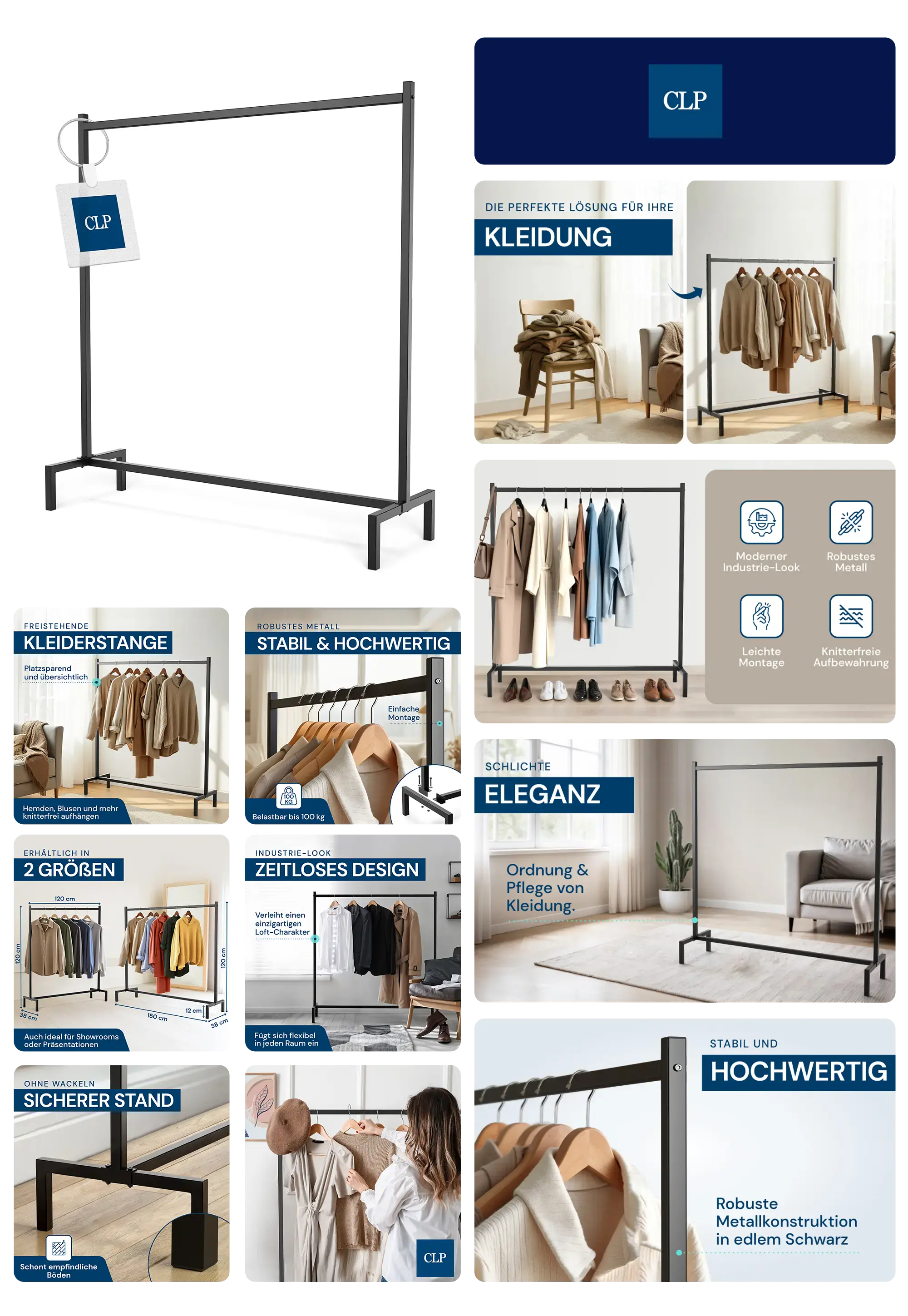 schwarzer, freistehender Kleiderständer aus robustem Metall mit gerader Stange, in einem modernen Wohnzimmer