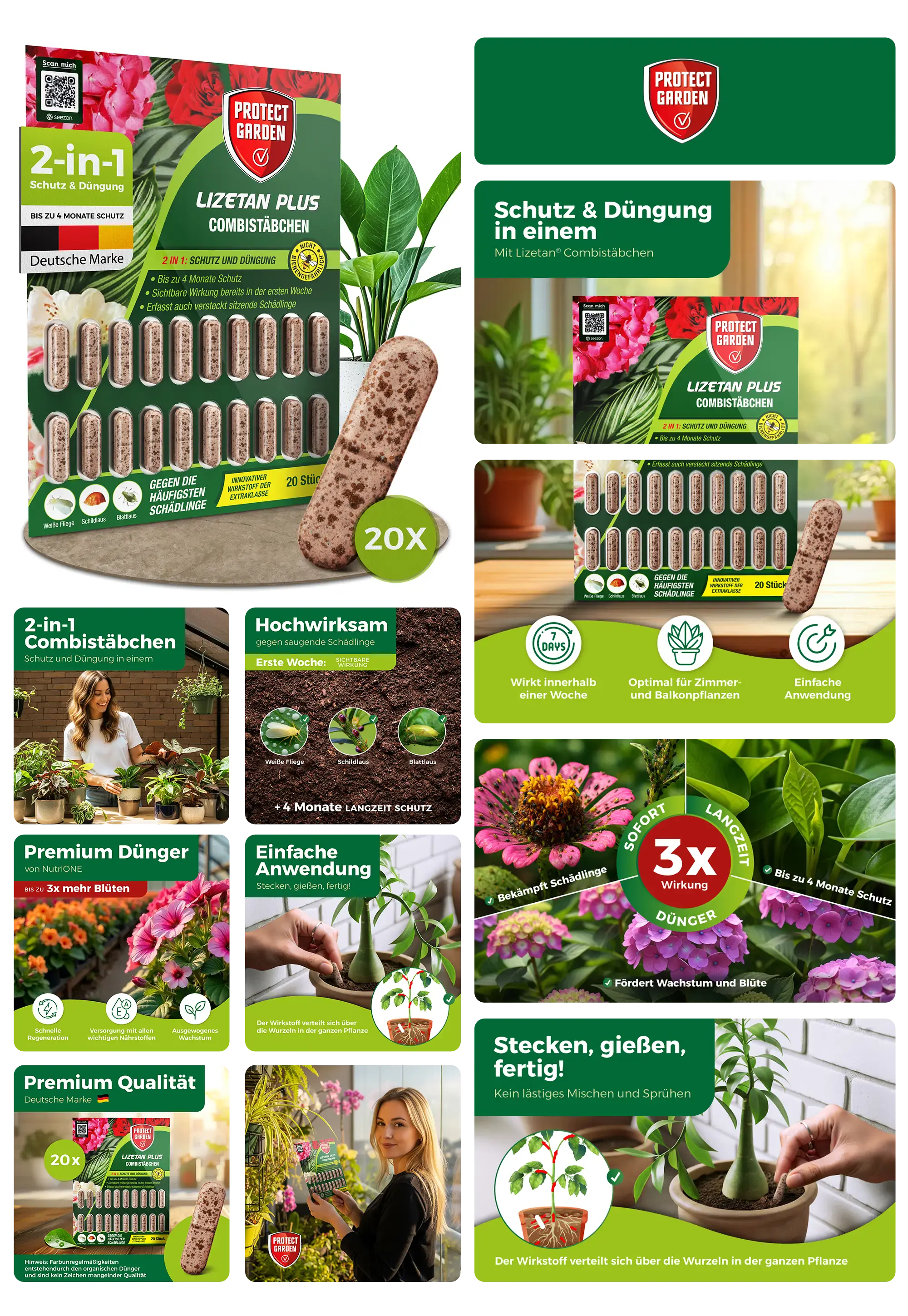 Lizetan Plus Combistäbchen, 2-in-1-Düngemittel und Schädlingsschutz, in einer Verpackung und in Nutzung bei Zimmer- und Balkonpflanzen