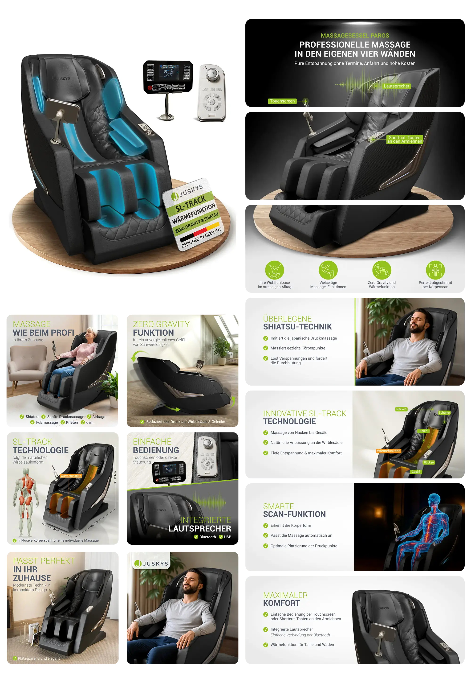 schwarzer Massagesessel mit blauen Akzenten, gezeigt mit integriertem Bedienfeld und Lautsprechern, in verschiedenen Positionen und Funktionen