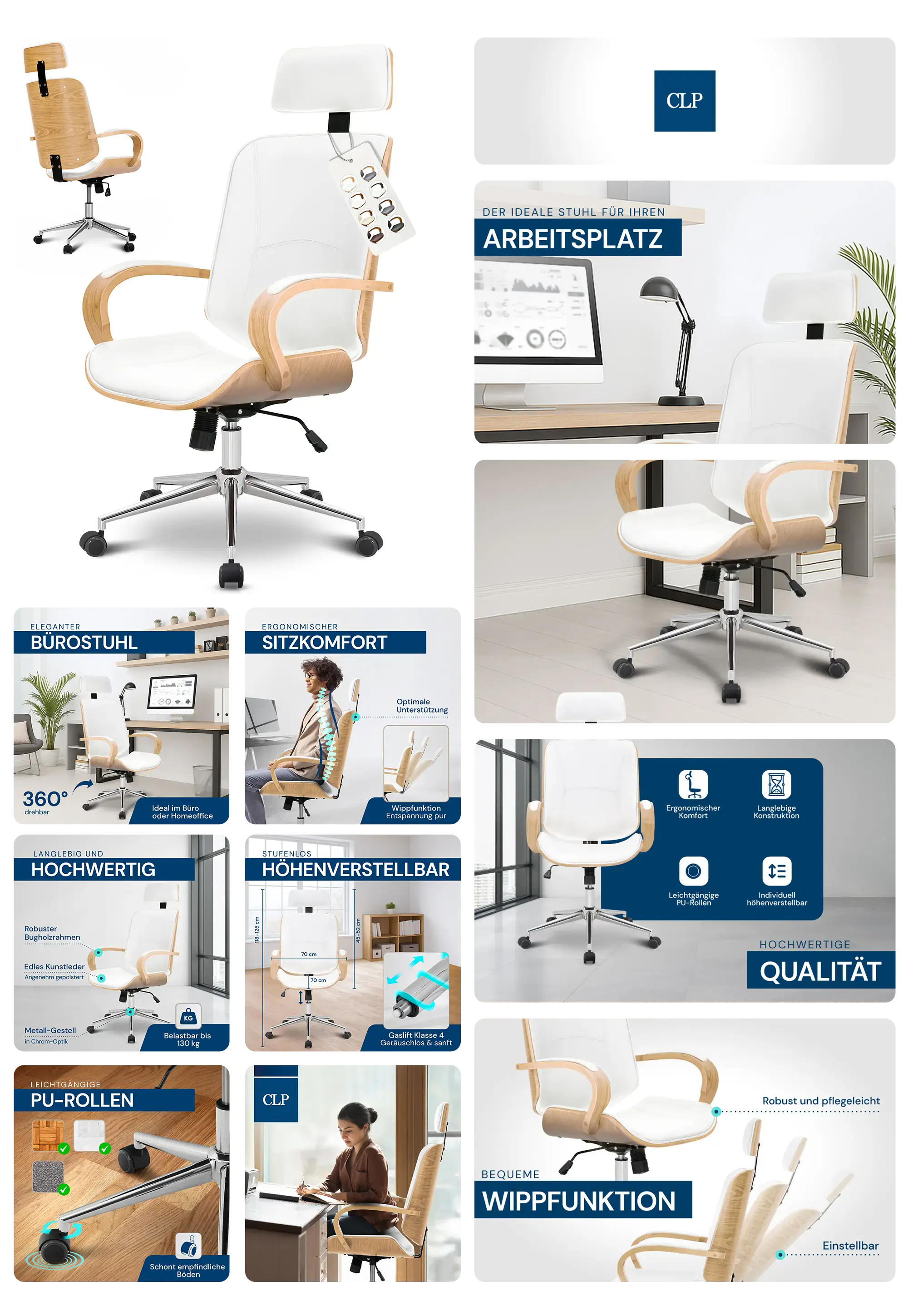 weißer, eleganter Bürostuhl mit Holz- und Chrom-Elementen, ergonomisch geformt und höhenverstellbar, in einem modernen Büro