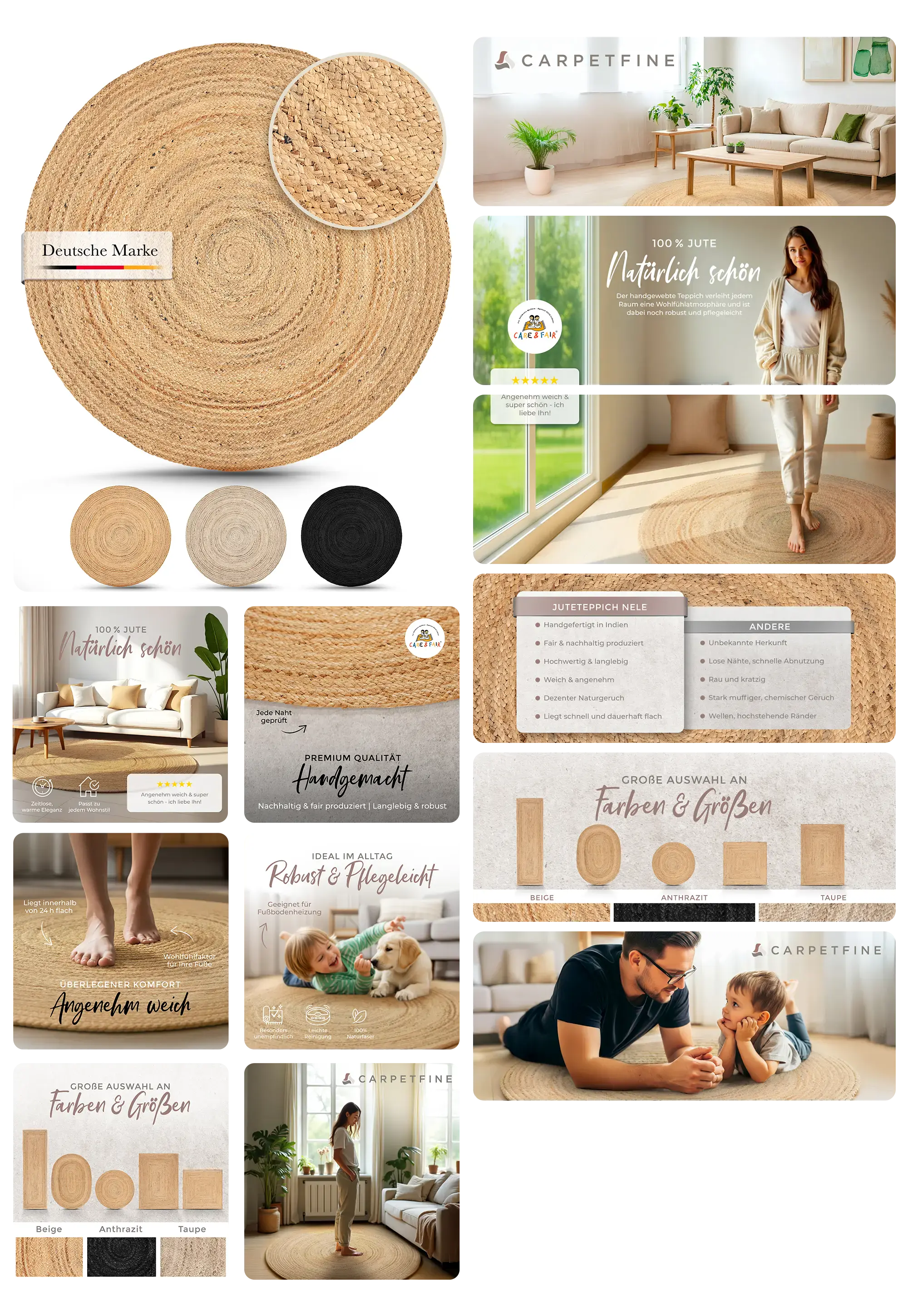 runder Juteteppich in Naturfarbe, handgeflochten, in einem modern eingerichteten Wohnzimmer mit Couch und Pflanzen