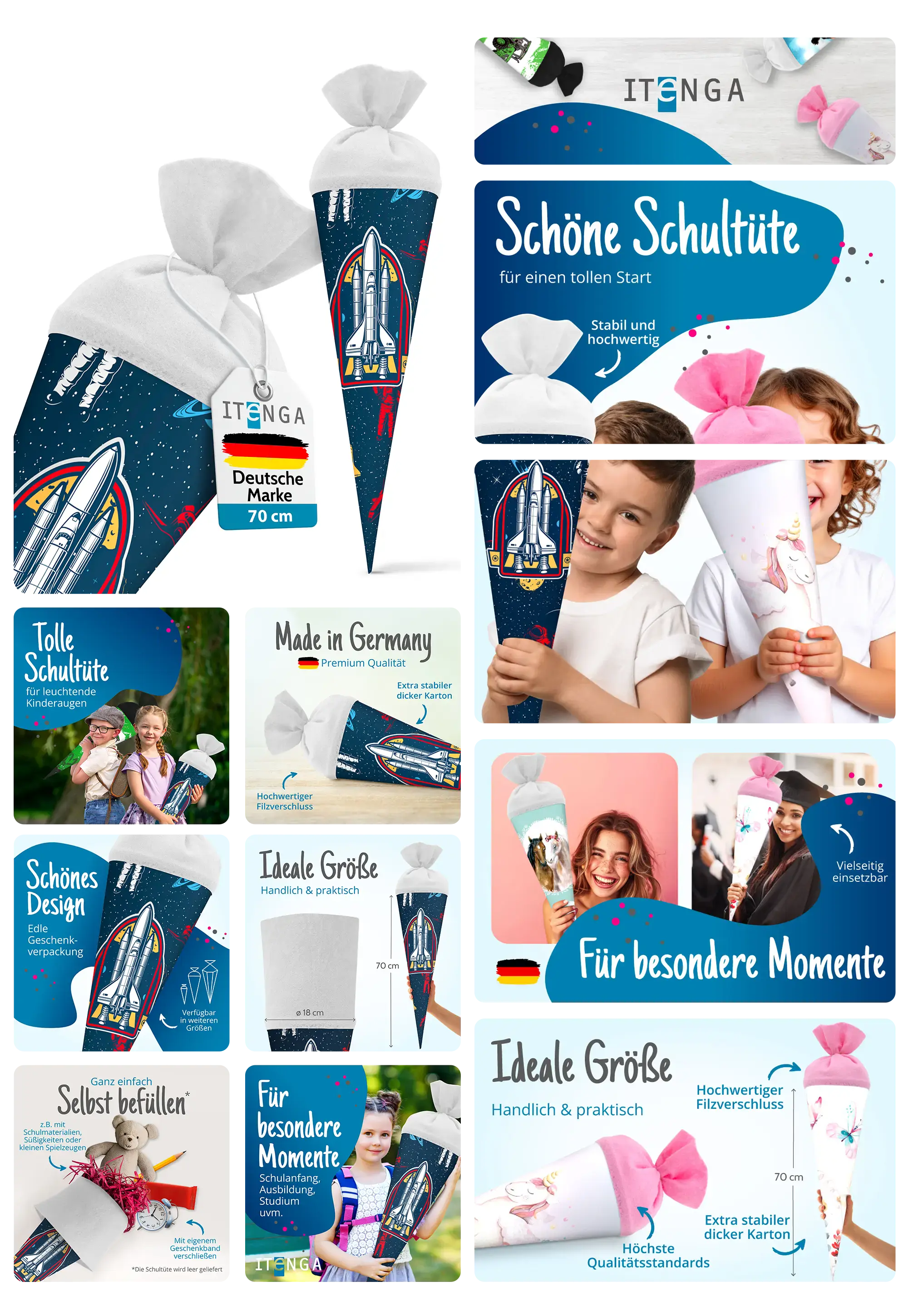 Schultüte in Weltraum-Design mit Raketen-Motiven, gezeigt in verschiedenen Größen und mit pinker Schleife auf einer weiteren Schultüte
