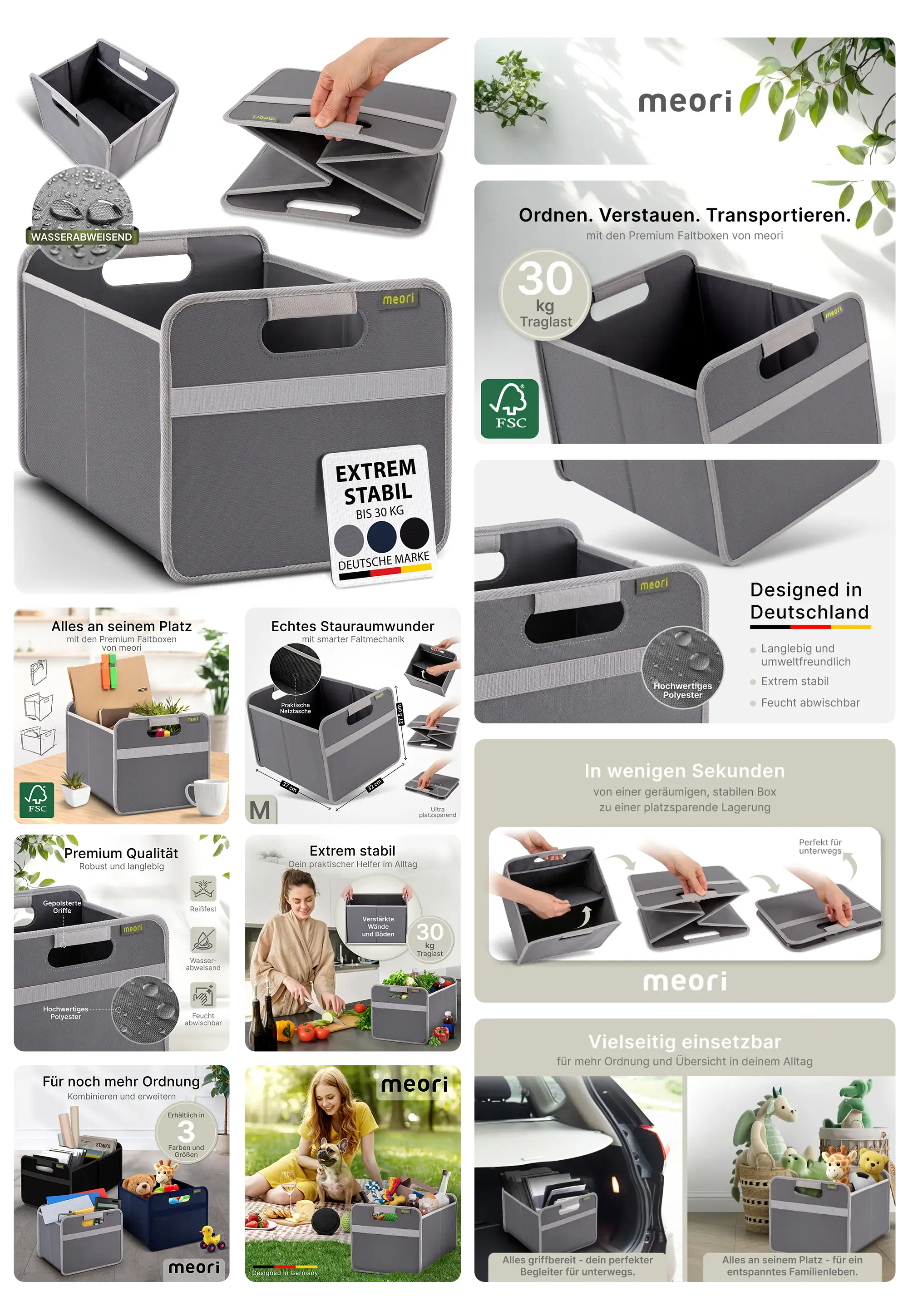 graue, faltbare Aufbewahrungsbox der Marke "meori" mit Tragegriffen und grauen Bändern, gezeigt im zusammengeklappten und aufgebauten Zustand