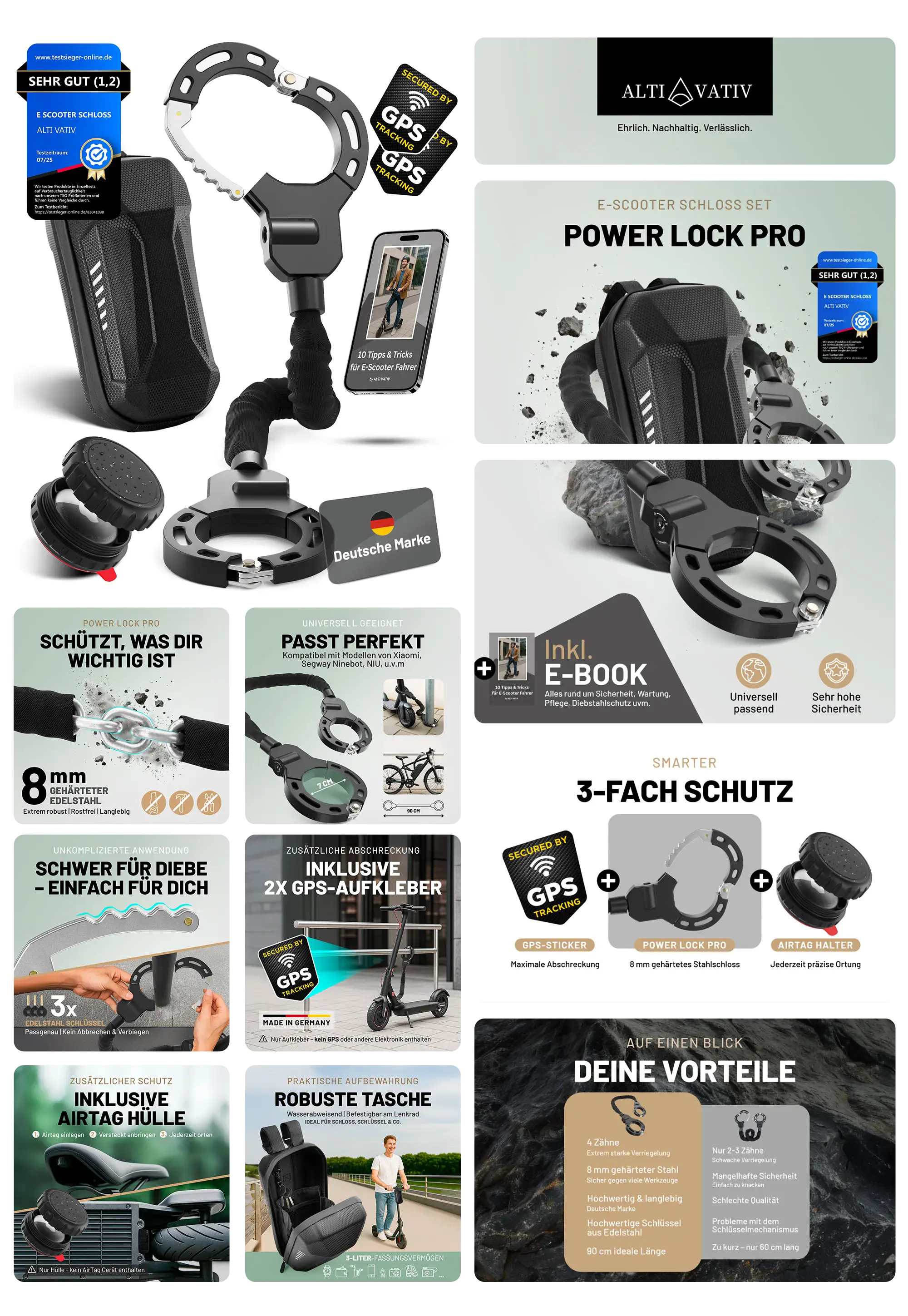 ein schwarzes E-Scooter Schloss mit Stahlkette und GPS-Tracker-Halterung, gezeigt in verschiedenen Ansichten und in Benutzung