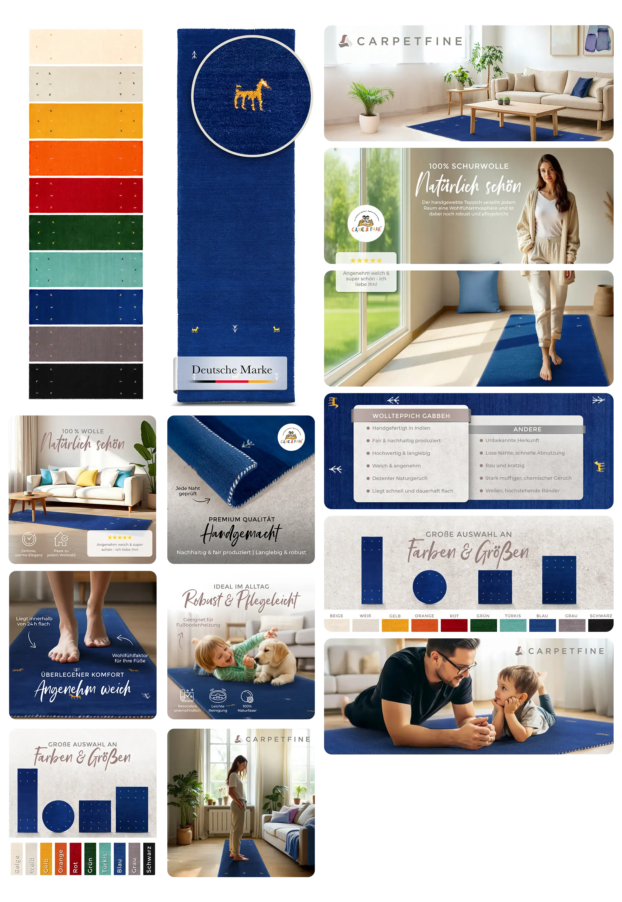 dunkelblauer Wollteppich in rechteckiger Form mit gestickten Tieren, in einem modernen Wohnzimmer ausgelegt