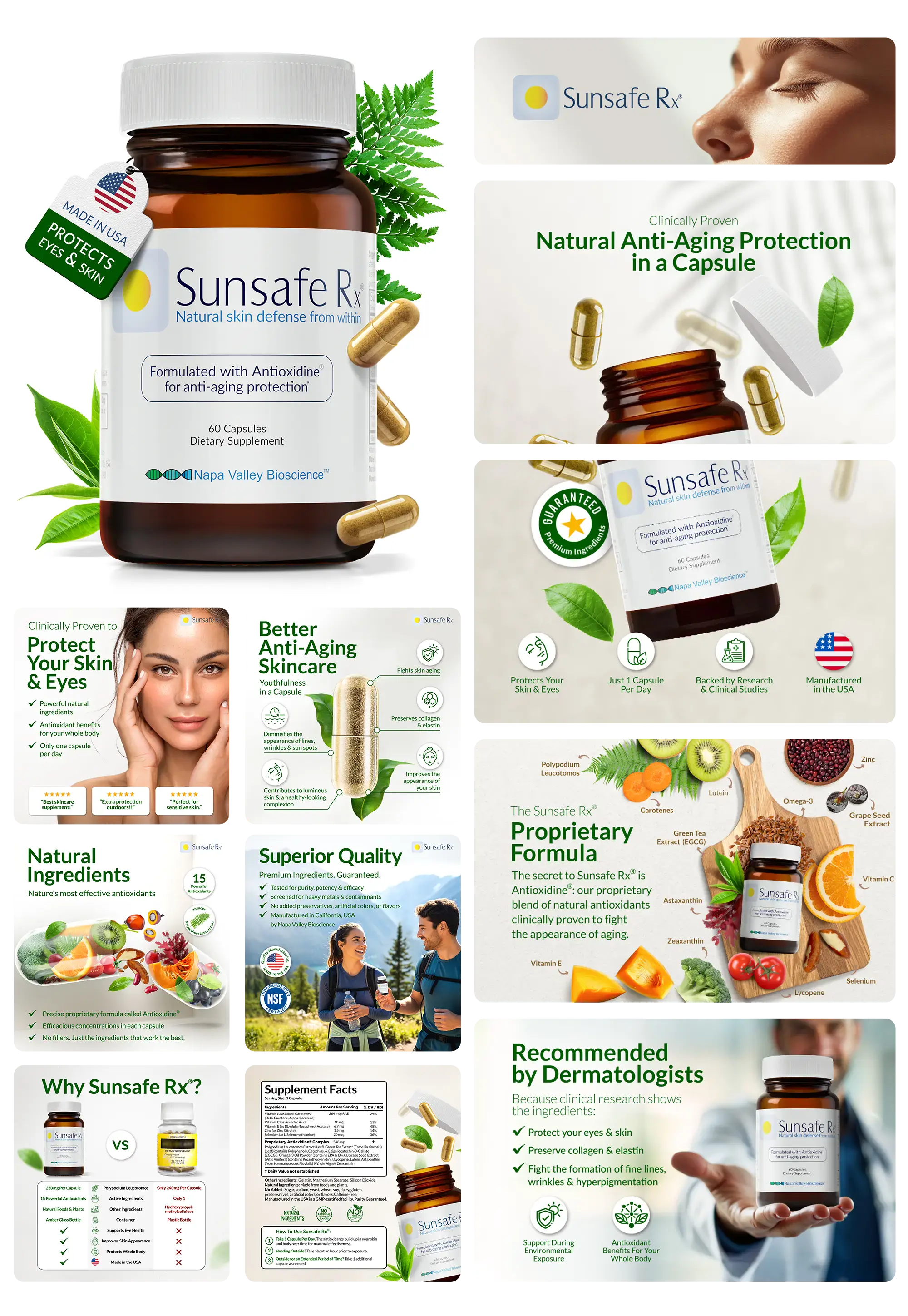 Flasche des Nahrungsergänzungsmittels Sunsafe Rx, umgeben von natürlichen Zutaten wie Früchten und Nüssen, mit Text zur Anti-Aging-Wirkung