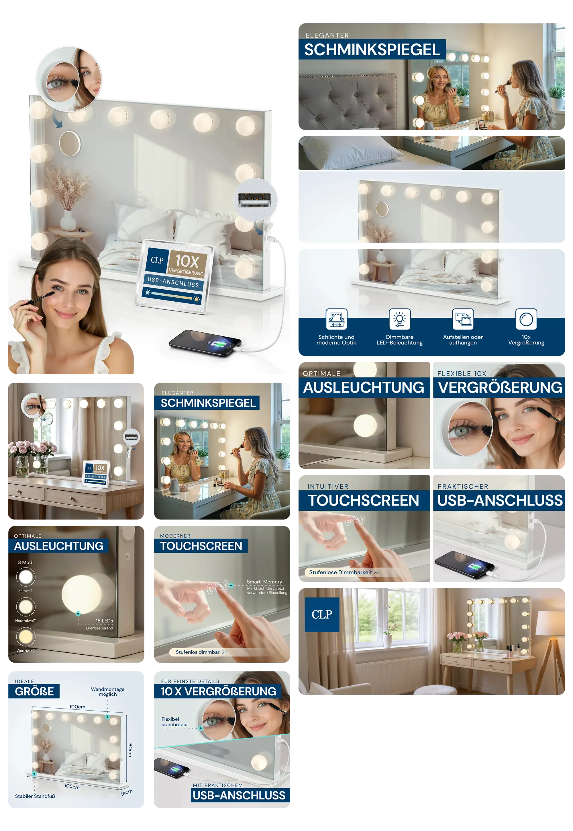 großer, beleuchteter Schminkspiegel im Hollywood-Stil, stehend auf einem Schminktisch in einem Schlafzimmer, mit Touchscreen-Bedienung und USB-Anschluss