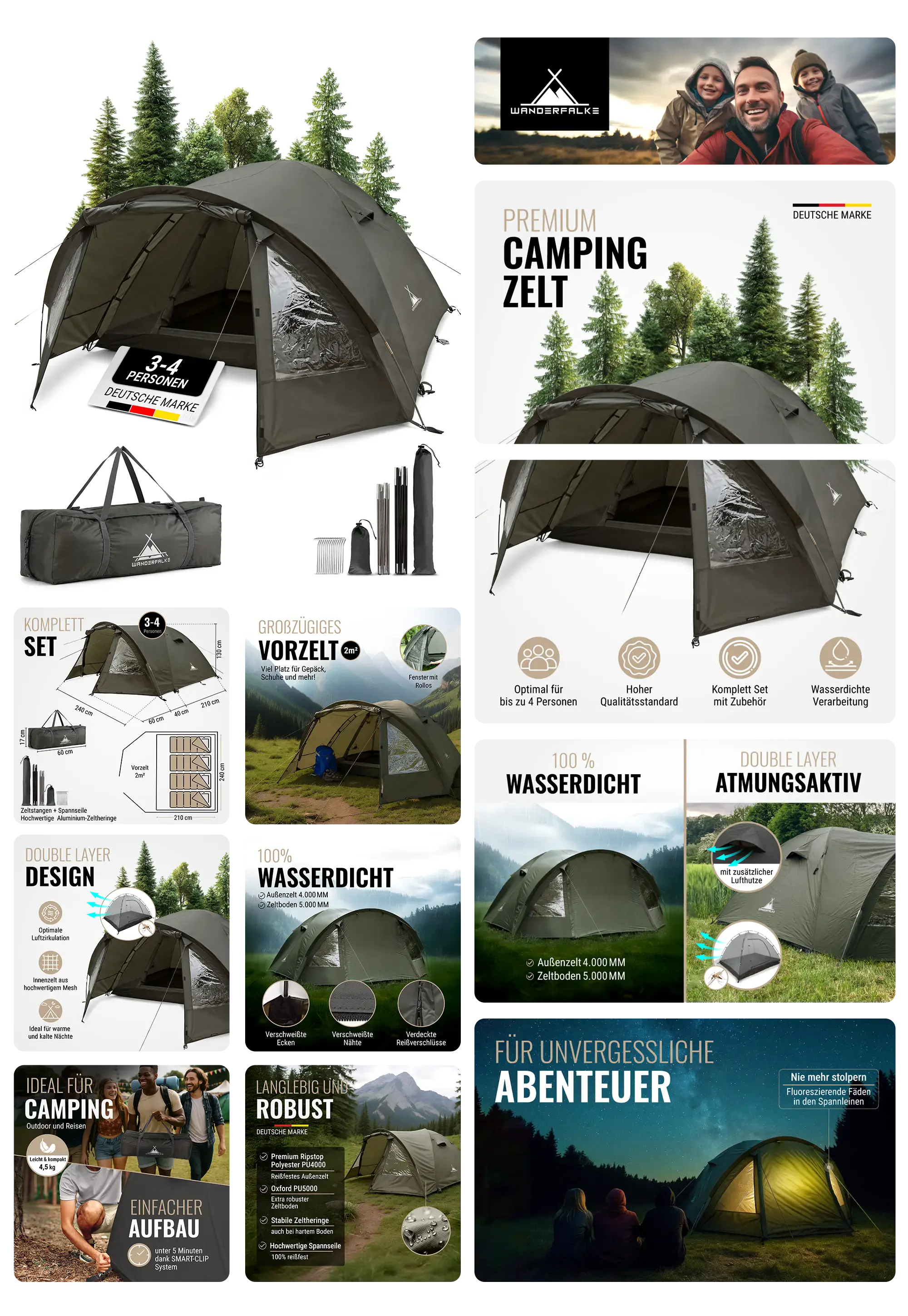 grünes 4-Personen-Zelt in einer Waldumgebung, gezeigt mit den Bestandteilen und im aufgebauten Zustand bei Tag und Nacht