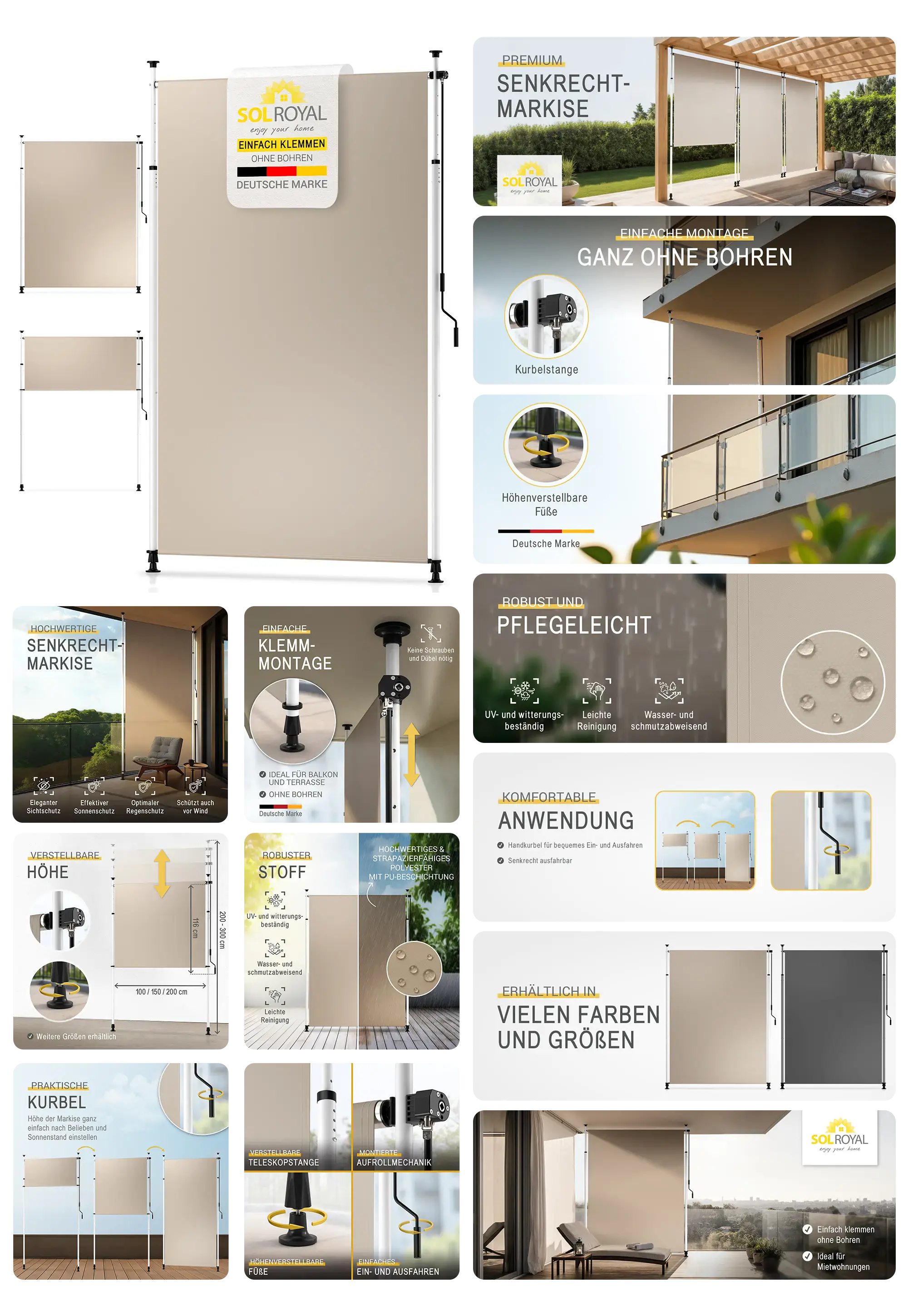 cremefarbene vertikale Senkrechtmarkise für Balkon oder Terrasse mit einfacher Klemmmontage und UV-Schutz, gezeigt im auf- und abgerollten Zustand